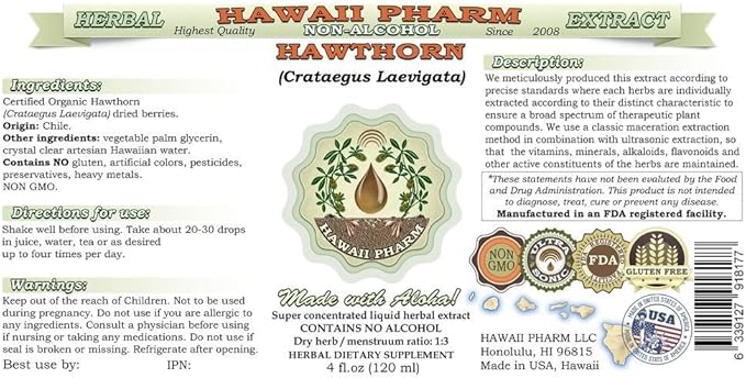 Hawthorn Alcohol-Free Liquid Extract, Hawthorn (Crataegus Laevigata) Dried Leaf and Flower Glycerite Hawaii Pharm Natural Herbal Supplement 2x32 oz Unfiltered