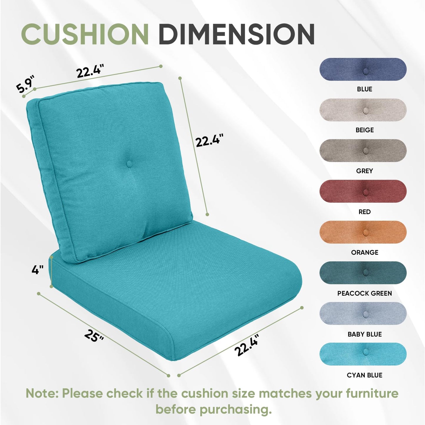 Outdoor Chair Cushion Set of 2, Waterproof Outdoor Seat Cushions 25x22 , Patio Chair Cushions for Outdoor Furniture, Couch Cushion Replacement, Include 2 Back & 2 Seat Cushions, Button/CyanBlue