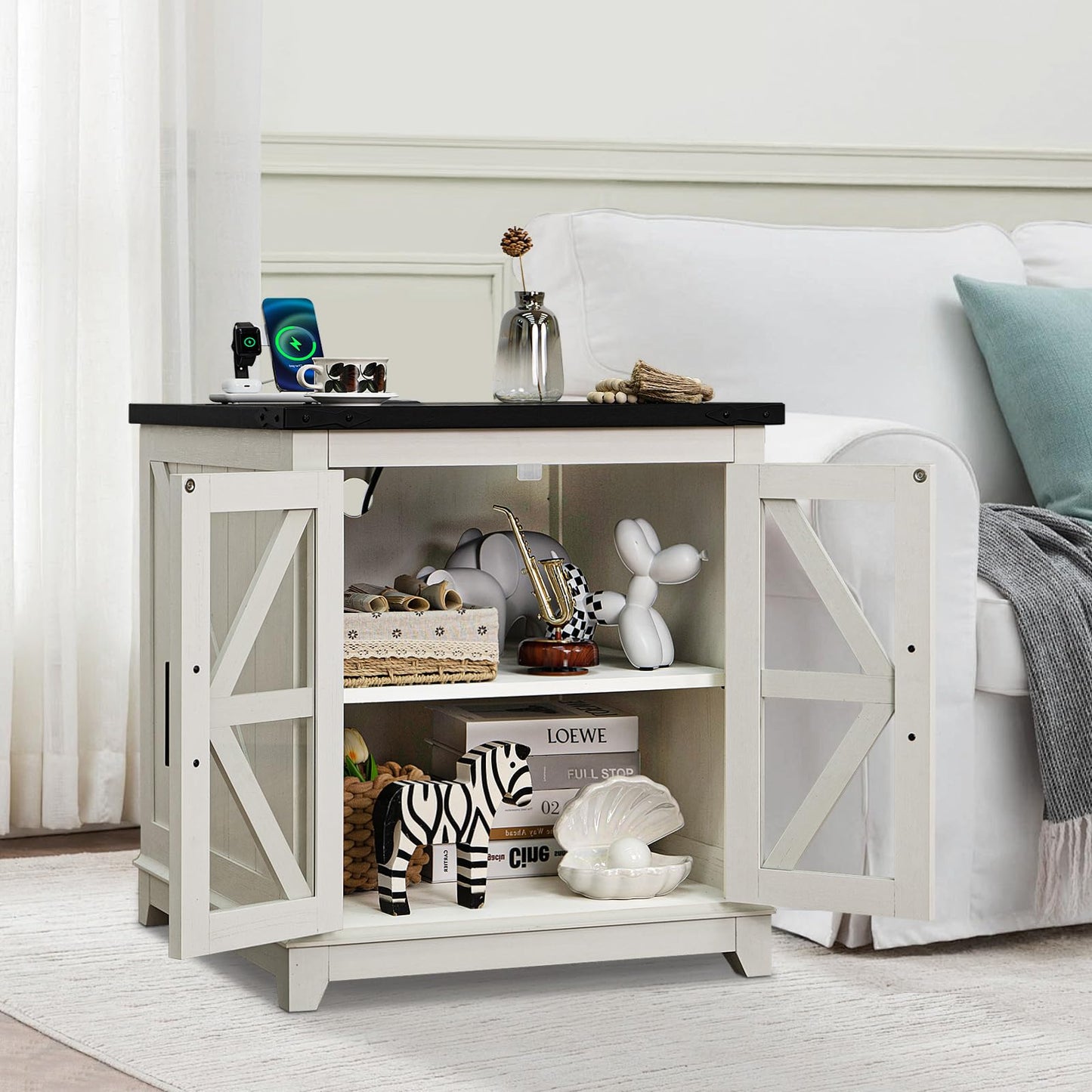 Farmhouse Coffee Table Sets 3 Pieces, Large End Side Tables with Charging Station and Coffee Table with Hidden Storage Compartment, White Living Room Table Set, Wood Furniture Sets for Home Office