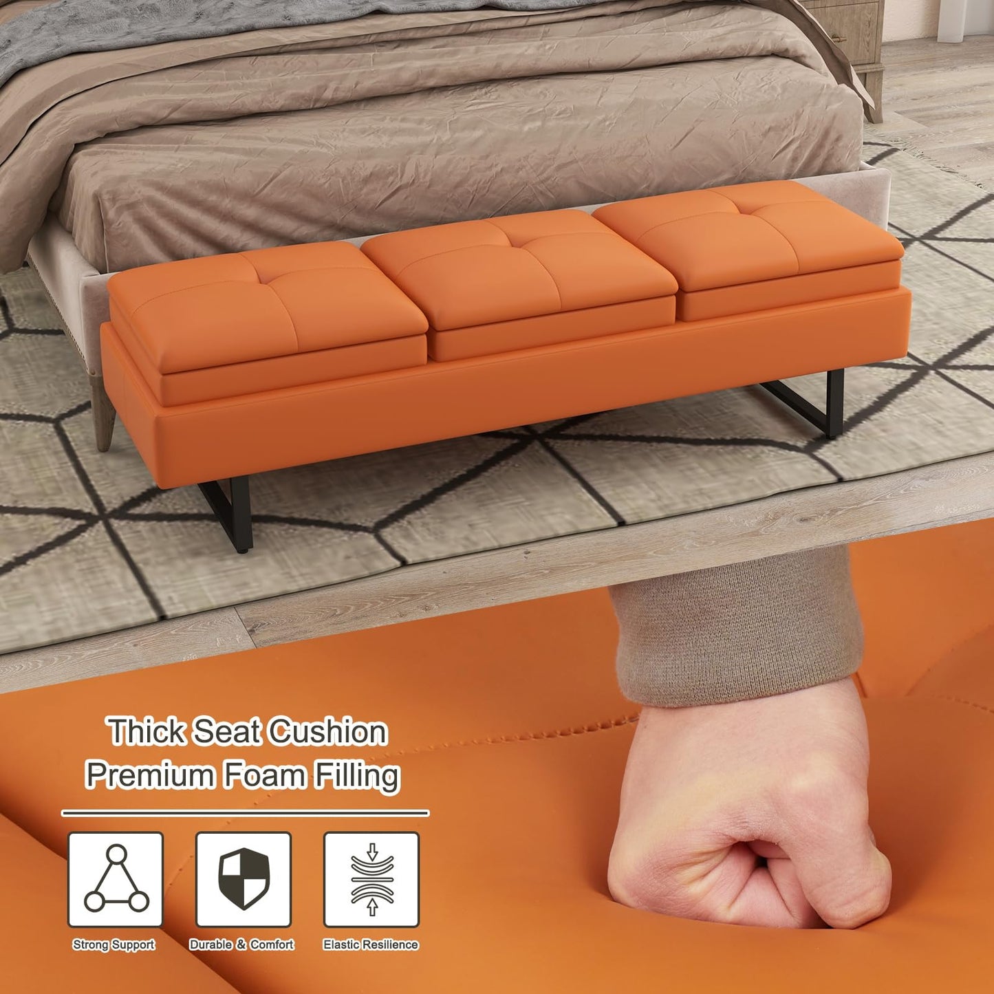 Kinfant Modern Futon Sofa Bed - 3-Seat Couch Bed with Soft Cushions for Living Room Bedroom and Small Space (PU Leather, Orange)