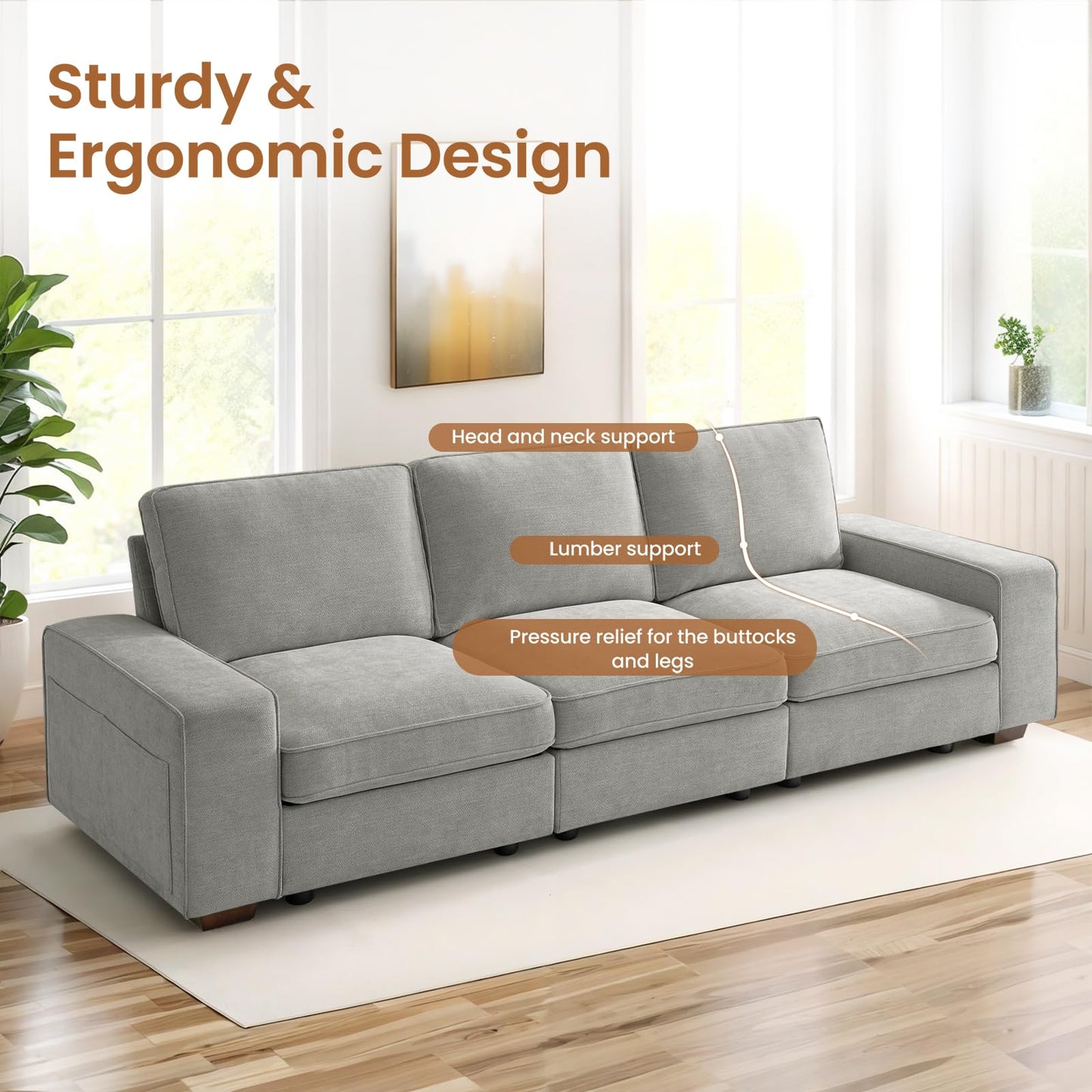KIMOLST 100in Modular Couch for Living Room, Deep Seat Fabric Sofa with Storage, Removable Cover, 3-Seater, Grey