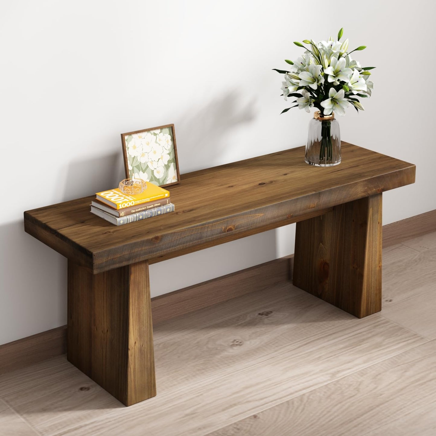 Wnutress 43" Farmhouse Solid Wood Benches Indoor with Wide Angled Legs, Rustic Long Entryway Bench Seat for Dining Table, Kitchen, End of Bed, Living Room, Hallway, Handcrafted Finish, Natural