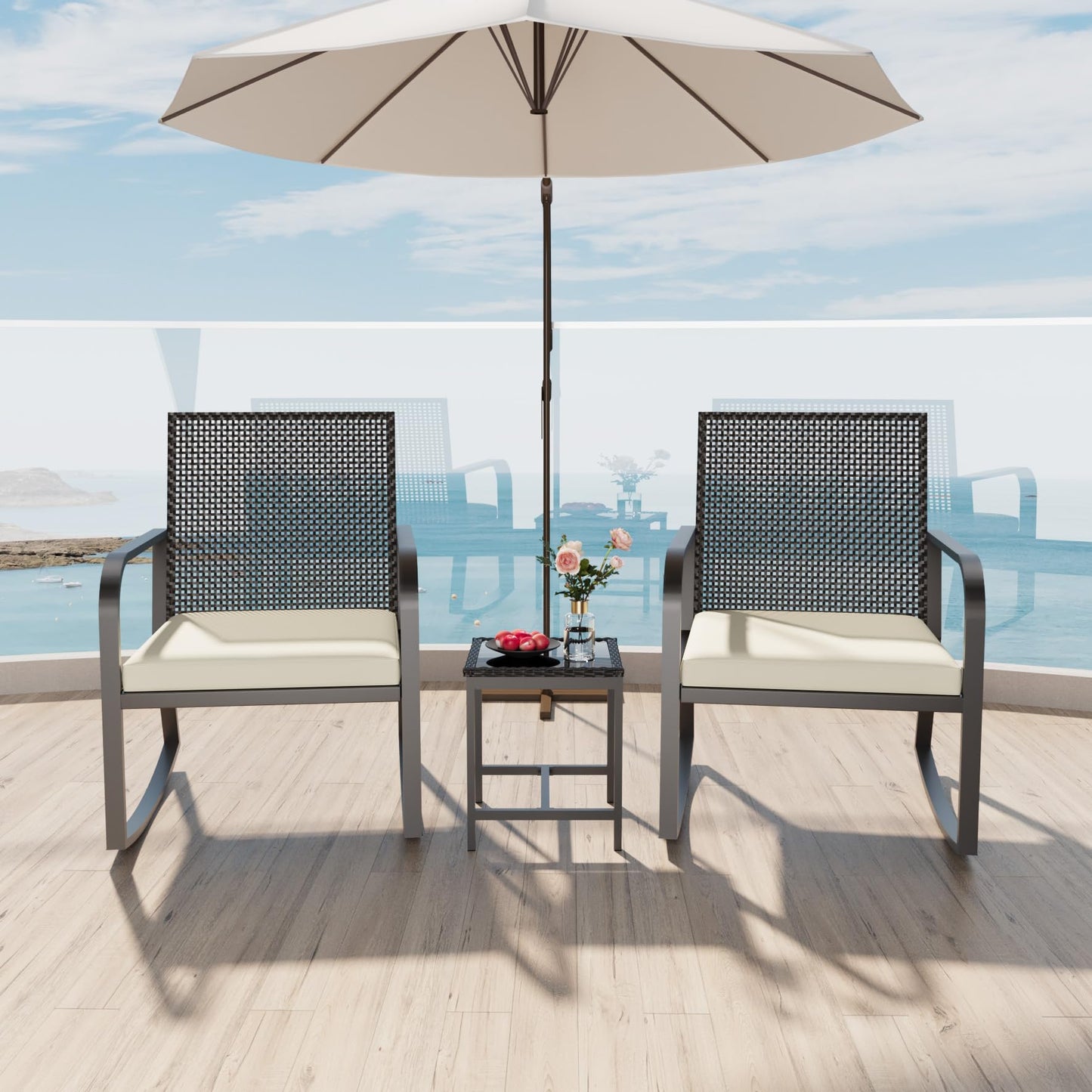 HLNPTN 3 Pieces Patio Furniture Set, Outdoor Rocking Bistro Set, Textilene Fabric Small Patio Front Porch Furniture Rocker Chairs Set of 2 with Coffee Table for Backyard, Garden, Off-White