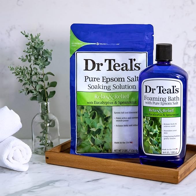 Dr Teal's Epsom Salt Soaking Solution and Foaming Bath with Pure Epsom Salt, Eucalyptus 3 Pound Bags, and 34 Ounce Bottle