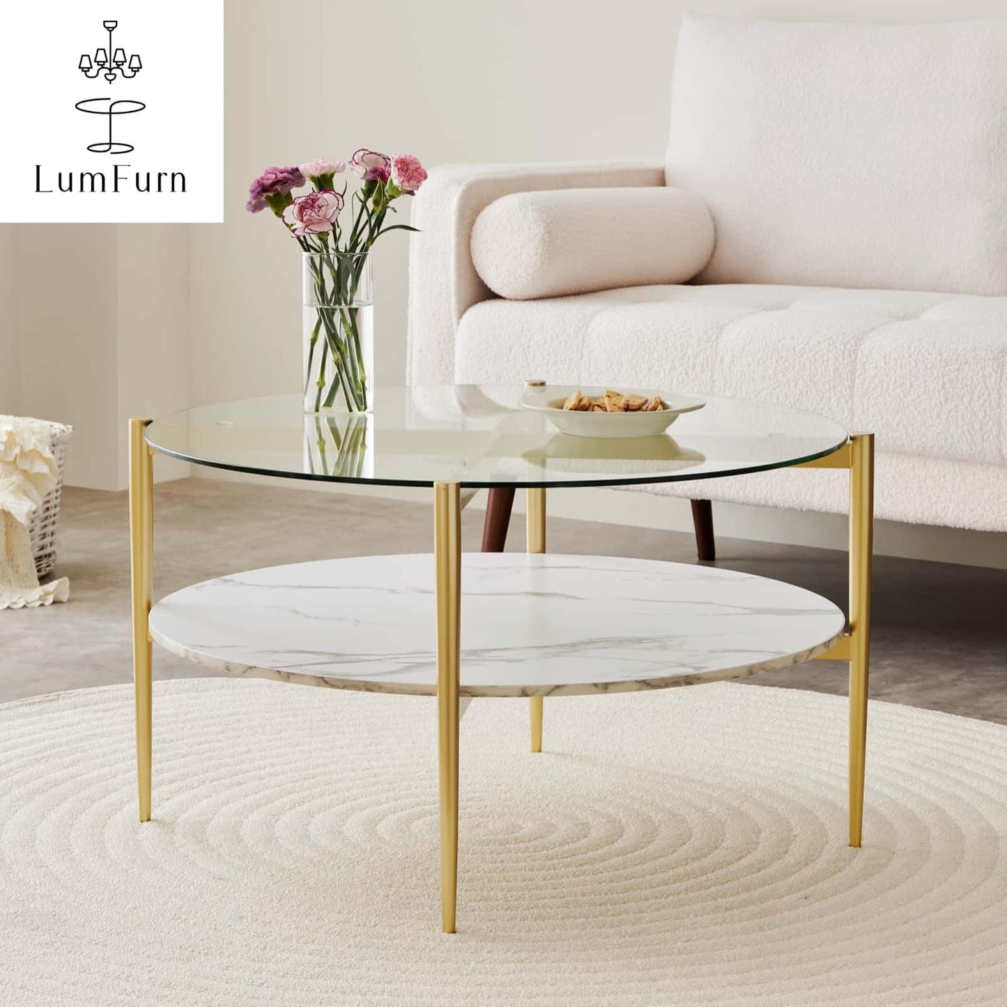 LumFurn Round Coffee Table for Living Room, Mid-Century Modern Design, D30 x H17, 2-Tier Structure, Clear Glass Top and White Marble Finish Wood Shelf, Sleek Conical Metal Legs with Gold Finish Frame