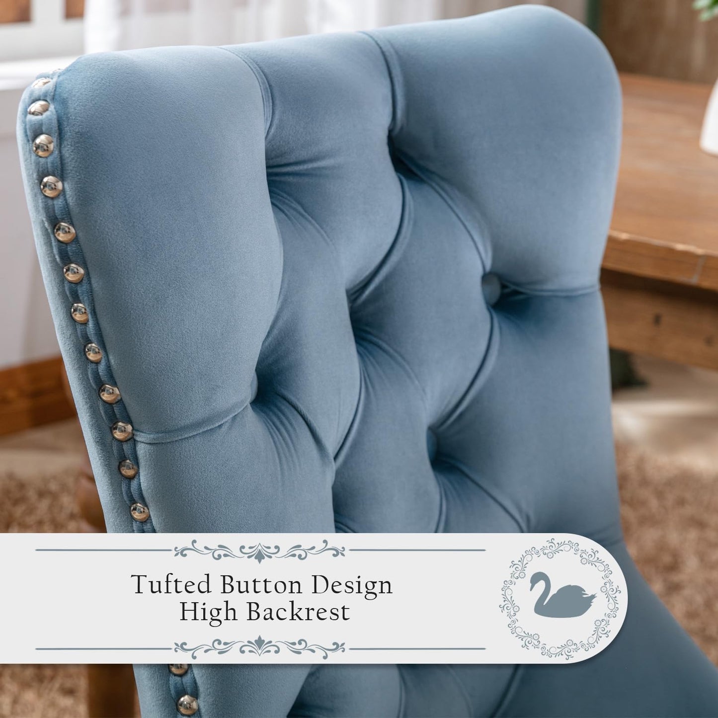 SoarTalent Velvet Upholstered Dining Chairs Set of 4, Modern Style Kitchen Side Chairs with Nailhead Trim and Wood Legs,Metal Pulling Ring for Dining Room Living Room(Sky Blue,Set of 4)