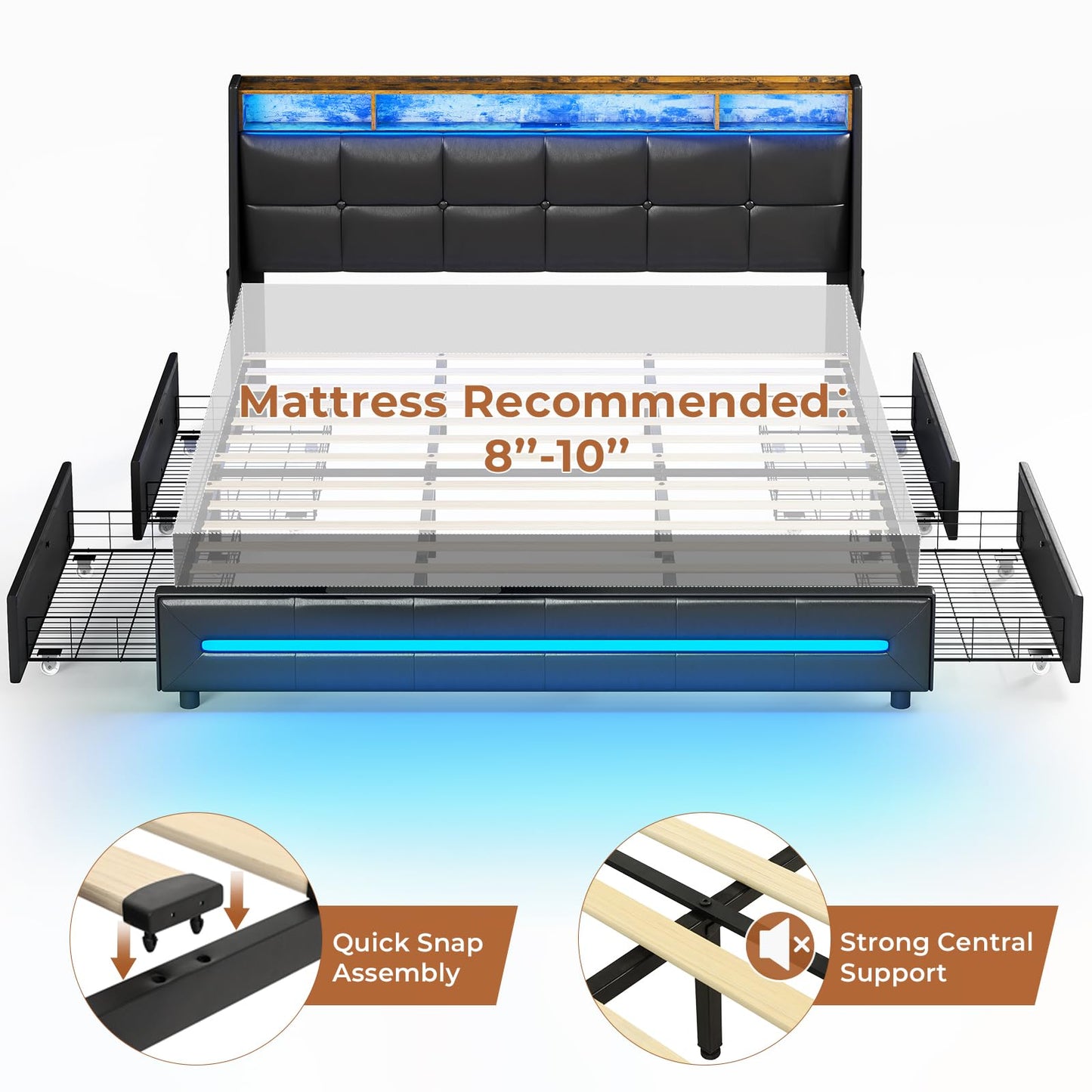 MSmask King Size Bed Frame with 4 Storage Drawers, Charging Station and LED Lights, Upholstered Bed Frame with Button Tufted Wingback Headboard, LED Bed King Size, No Box Spring Needed, Black