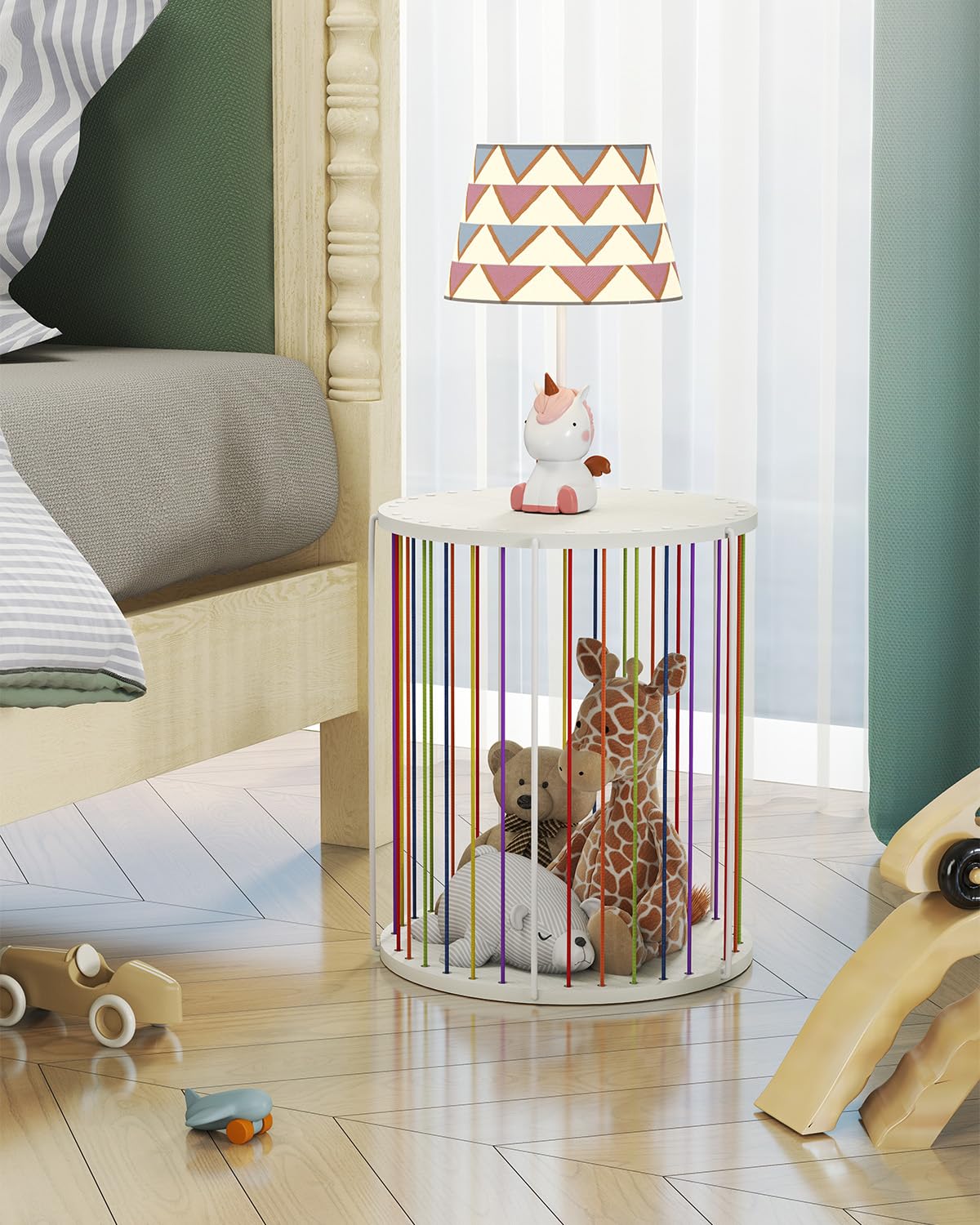 KJGKK Round Side Table, Circle End Table with Elastic Rope and Wire Frame, Modern Nightstand, for Living Room, Bedroom, Color & White