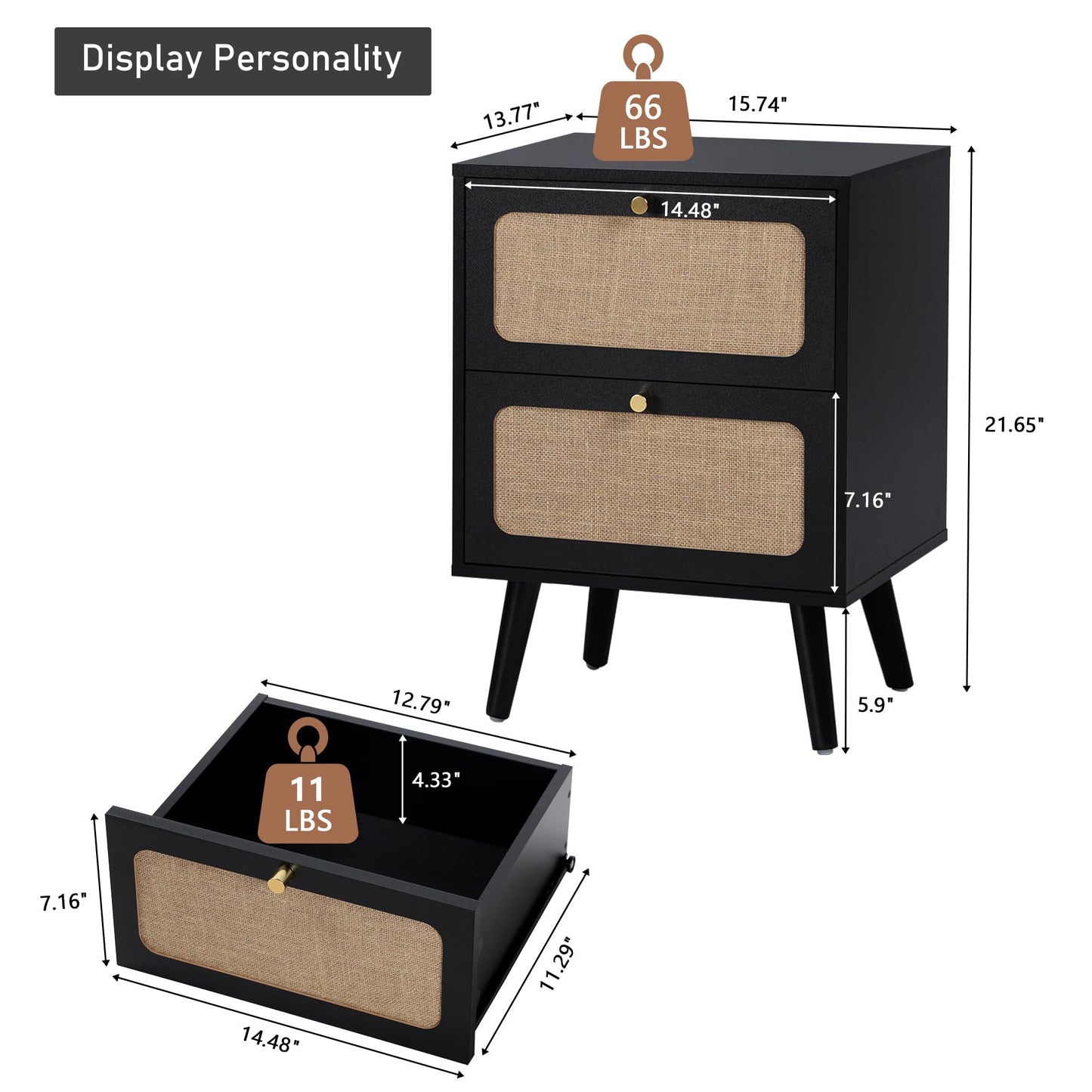 RUSTYER Mid Century Night Stand Set of 2, Modern Nightstand with 2 Drawers & Curved Linen Panel, Farmhouse End Table Wood Bedside Table Small Side Tables for Small Space, Bedroom (Black)