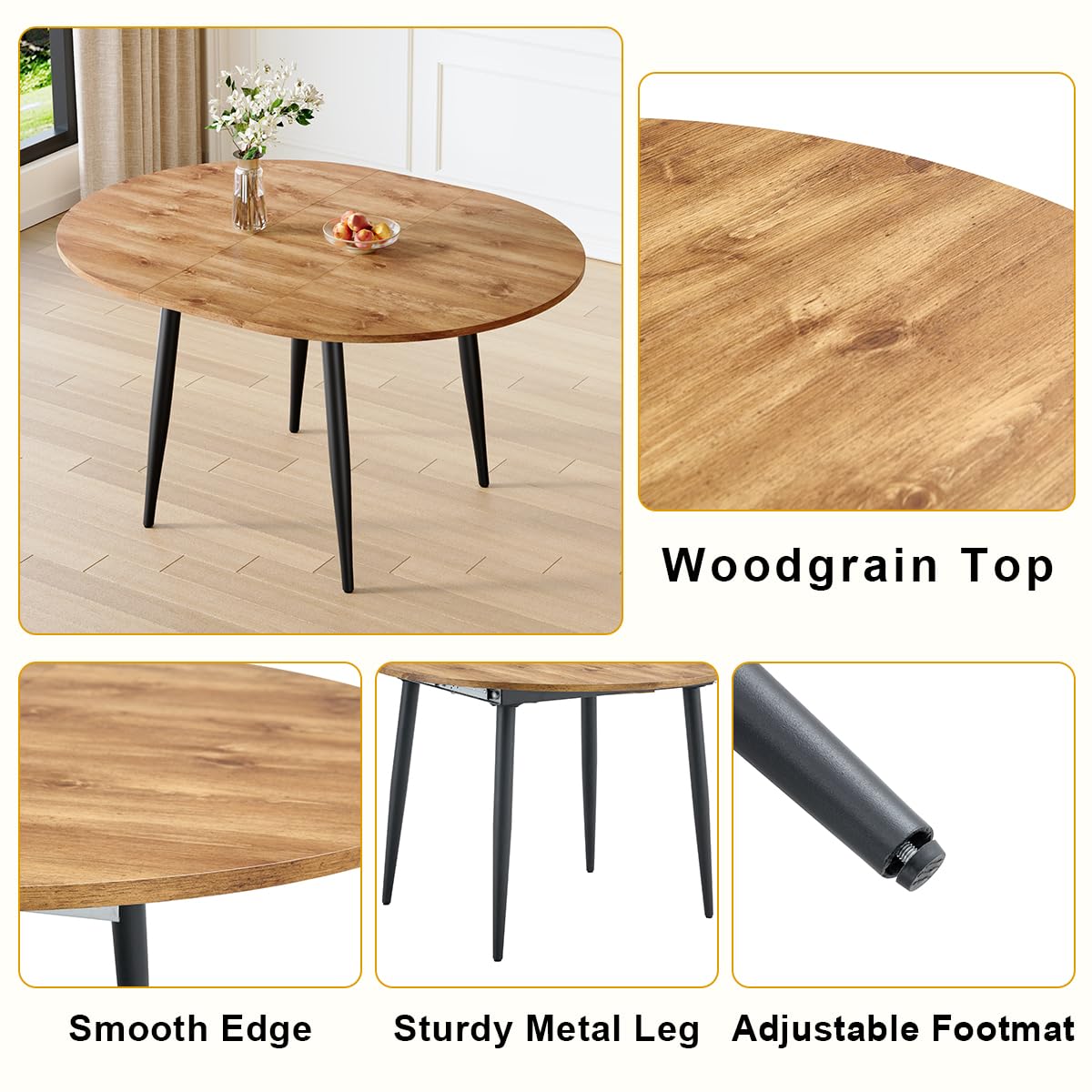 Round Dining Table Set for 4, 42"-54" Extendable Dining Table Set for 4, 0.73" Thick Wood Tabletop with Smooth Edge, Black Metal Leg with Non-slip Footmat, 4 Soft PU Chairs, Small Space, Easy Assembly