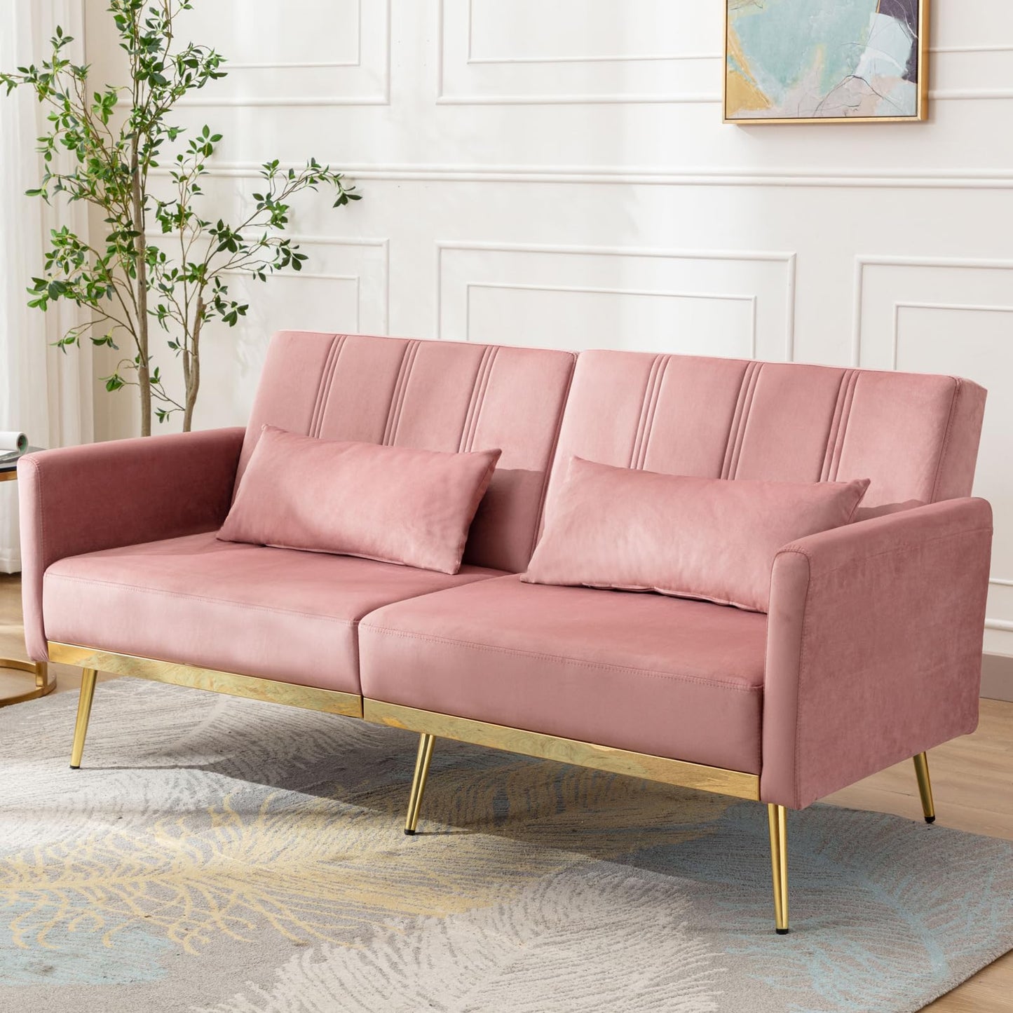 dannratch 70'' Futon Sofa Bed Velvet Convertible Sleeper Sofa Tufted Couch Bed with Adjustable Armrests and Backrest, Modern Loveseat Sleeper Bed with 2 Bolster Pillows for Living Room, Bedroom,Pink