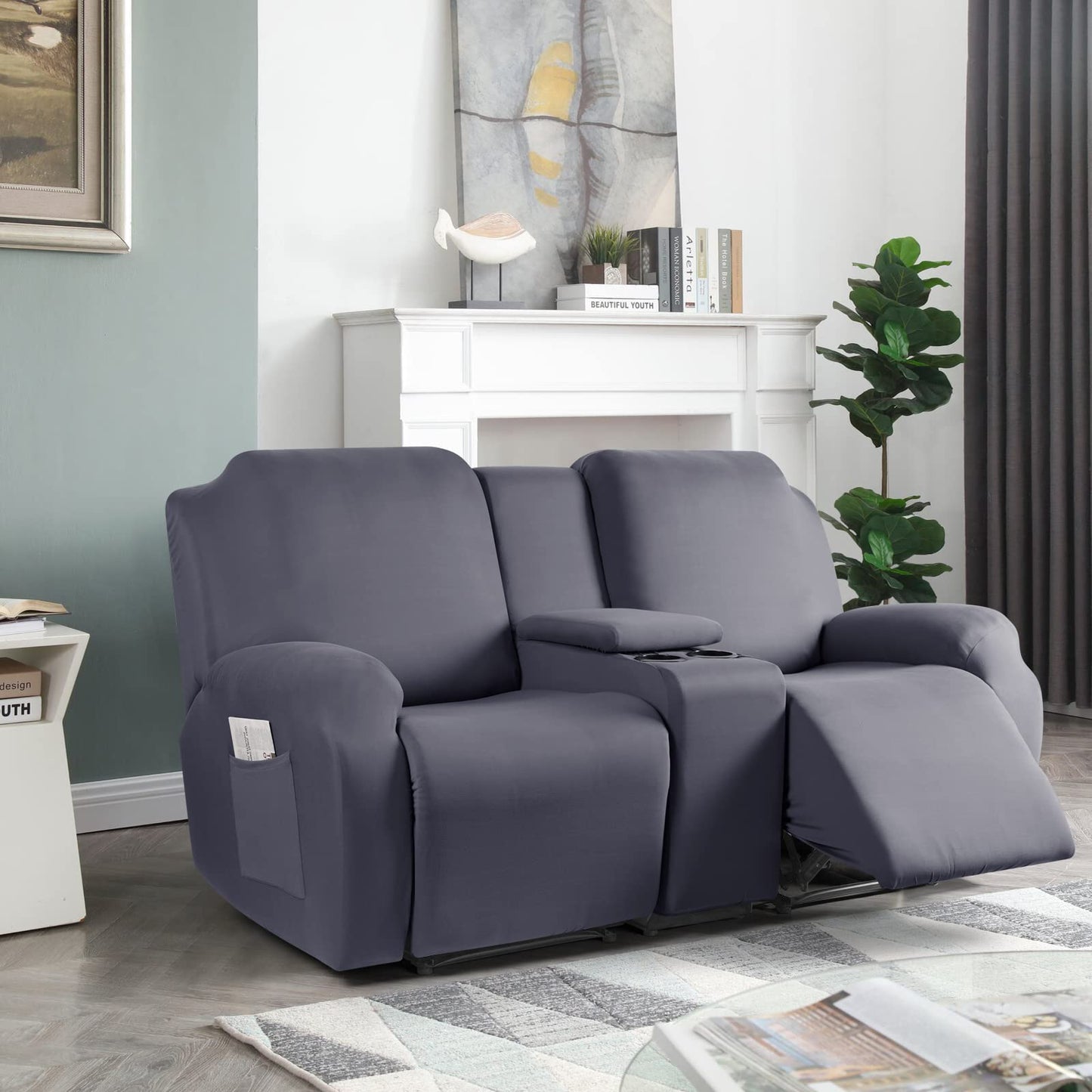 TAOCOCO Reclining Loveseat with Middle Console Slipcover, 4 Piece Polyester Fabric Stretch Loveseat Reclining Sofa Covers (Light Gray, 2 Seat Recliner Cover with Console)