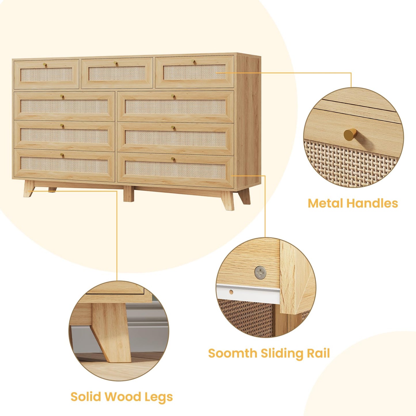 AOGLLATI Rattan Dresser for Bedroom with 9 Drawer, Modern Wooden Long Bedroom Dresser, Chest of Drawers with Metal Handle & Solid Wood Legs for Bedroom/Living Room, Wood