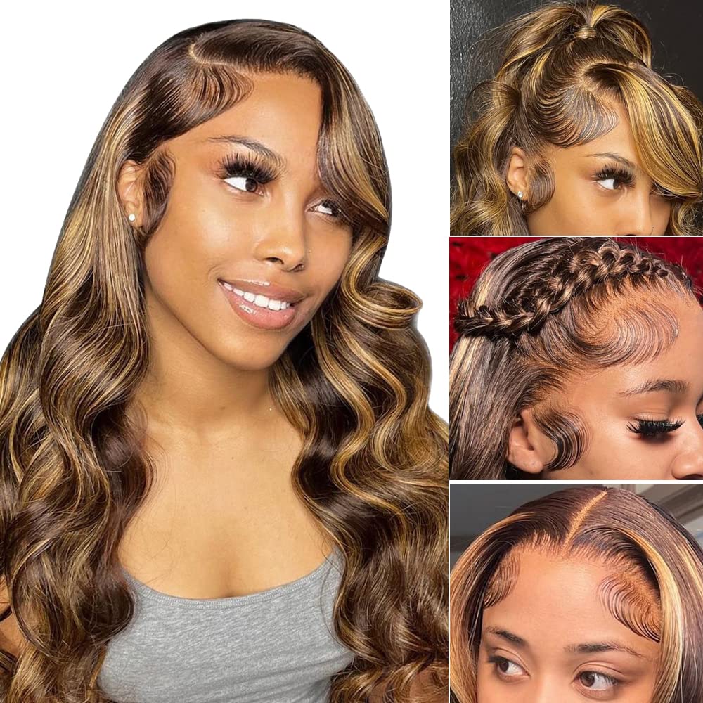 SFD Highlight Ombre Lace Front Wigs Human Hair Body Wave 13x4 Hd Lace Highlight Wig Human Hair Pre Plucked 150% Density Ombre Blonde Wig For Women 22 Inch