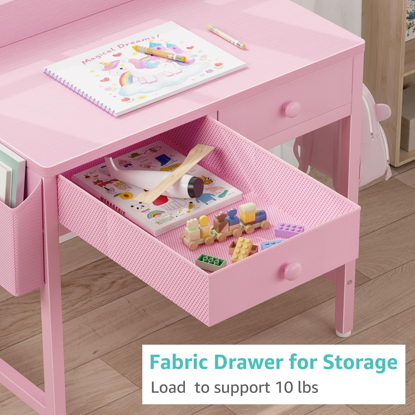 BOLUO Pink Kids Desk and Chair Set for 5-8 Year Old, Small Child Desk with Fabric Drawer, Children Study Table with Storage Girls Boys