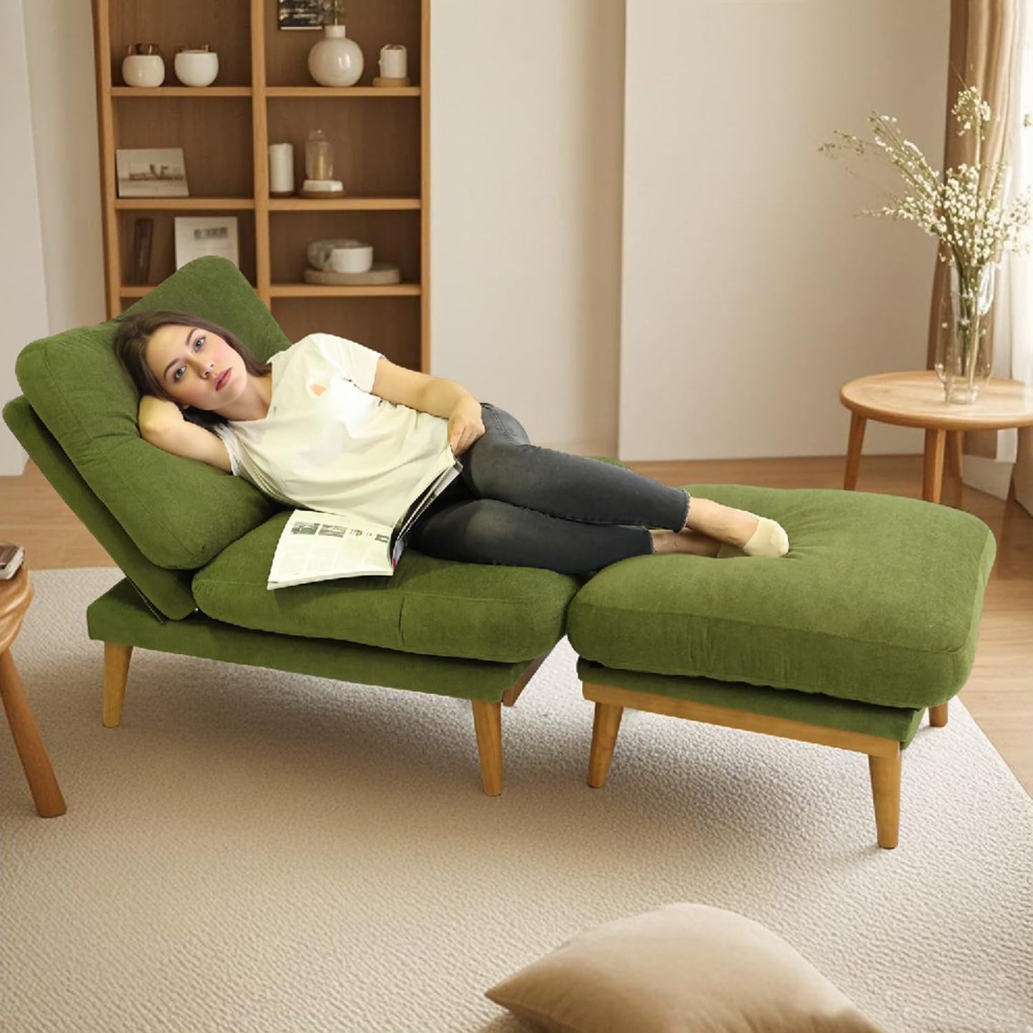 Modern Accent Chair with Ottoman - Cloud-Like Down-Filled Recliner, Adjustable Backrest Lounge Chair with Solid Wood Frame, Sherpa Fabric & Overstuffed Puffy Cushion for Living Room (Grass Green)
