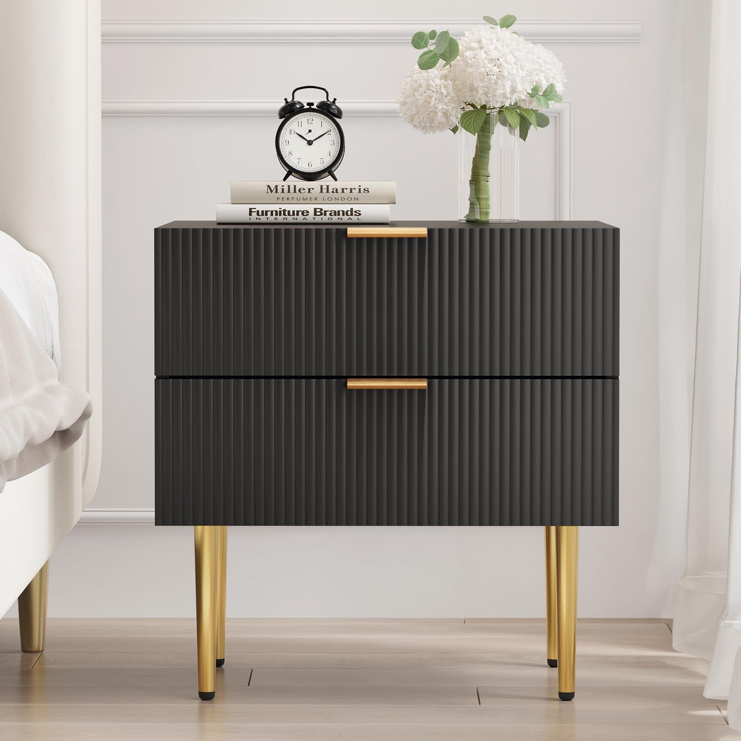 Night Stand, Black and Gold Nightstand with Fluted Panel, Bedside Table with 2 Drawer, Large Mid Century Modern Nightstand with Gold Leg, End Tables for Bedroom