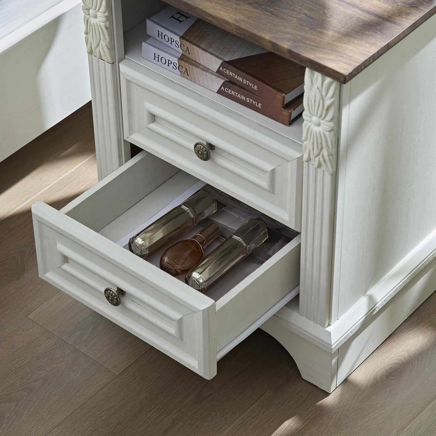 BOSHIRO Farmhouse Nightstand wtih Charging Station, 20" End Table with 2 Drawers, Night Stand Side Table Storage Cabinet with Carved Pilasters for Bedroom, Living Room, Wood Rustic, Antique White