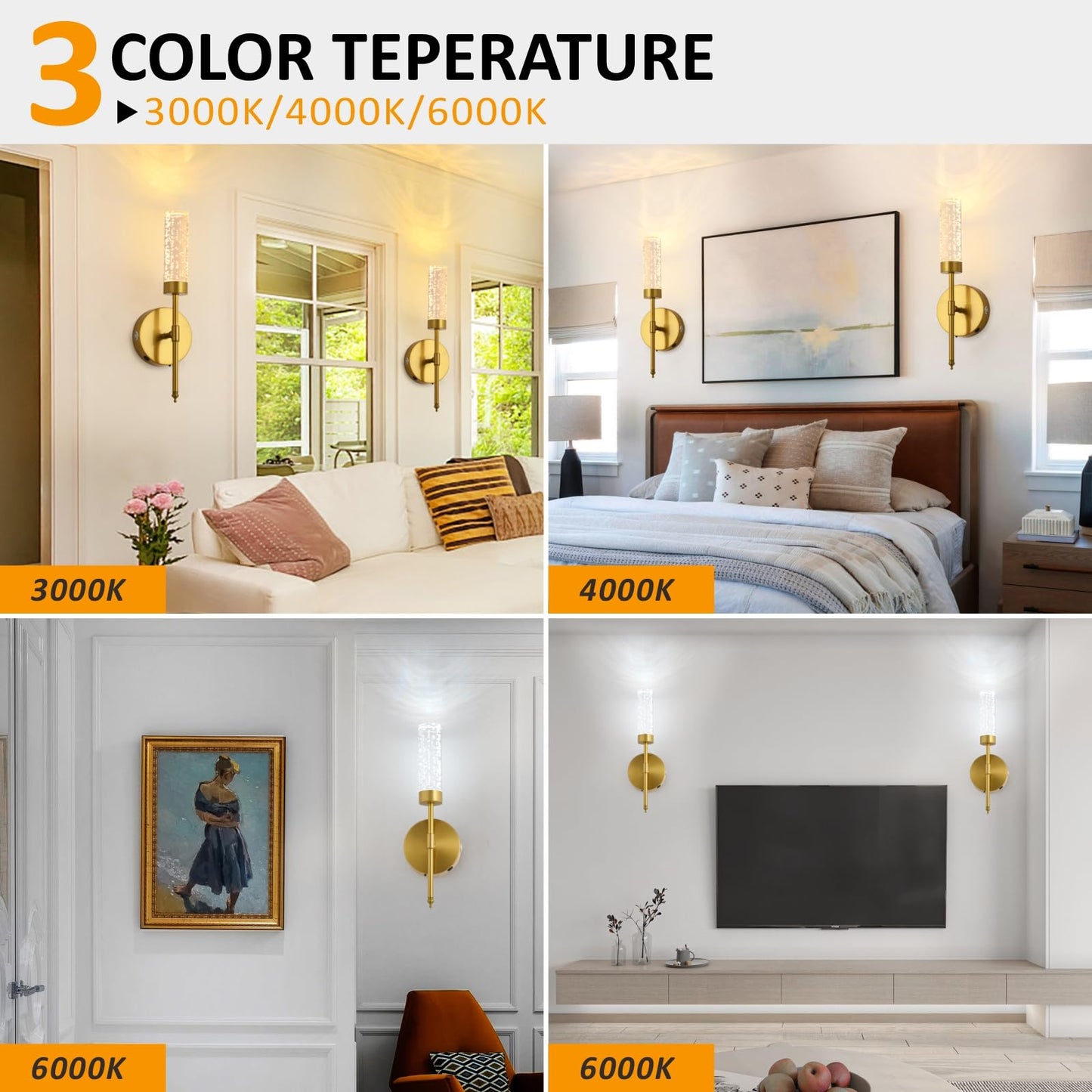 TPSHPTS LED Wireless Wall Sconce with Remote Control (Set of 2), USB Rechargeable Battery Operated Wall Lamps, 3 Colors Dimmable Wall Lights for Bedroom Hallway, Gold