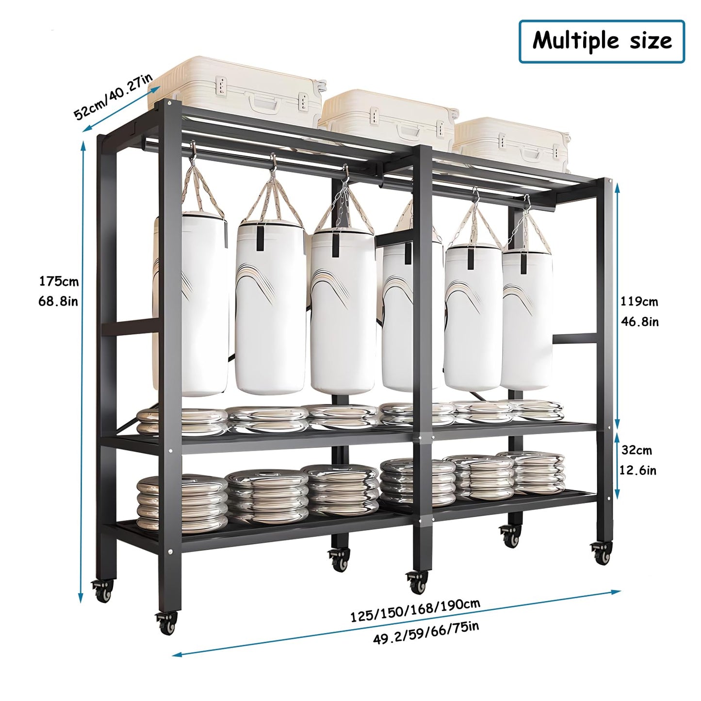 Heavy Duty Covered Clothes Rack with Magnetic Door 1500LBS Foldable Portable Wardrobe Closet for Hanging Clothing Rolling Black Metal Garment Rack on Wheels Closet System (Brown doors, 49.2in)