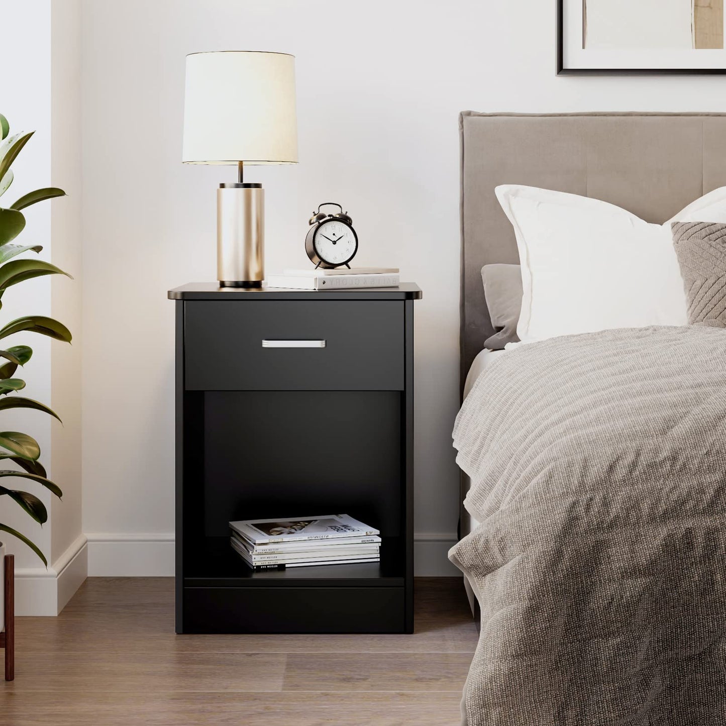 FOTOSOK Nightstand, Set of 2, 2-Tier Side Table with Drawer and Storage Shelf, Bedside Table End Table, Modern Night Stand for Bedroom, Home Office,Black