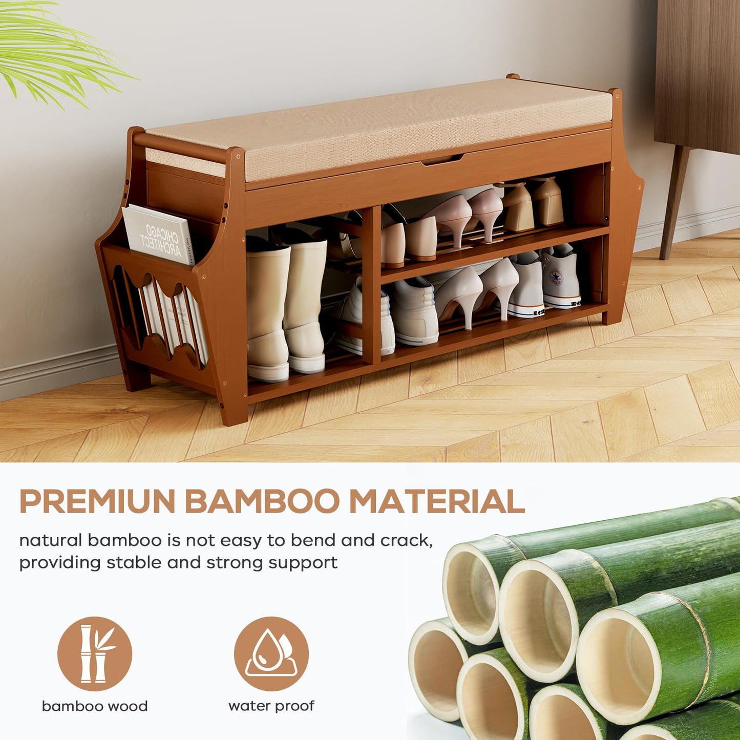 oakvivo 39.4in Shoe Bench with 2 Side Holder, 3 Tier Bamboo Entryway Bench with Storage, Shoe Rack Bench Organizer with Cushion for Entryway Hallway Living Room, Holds up to 330lbs