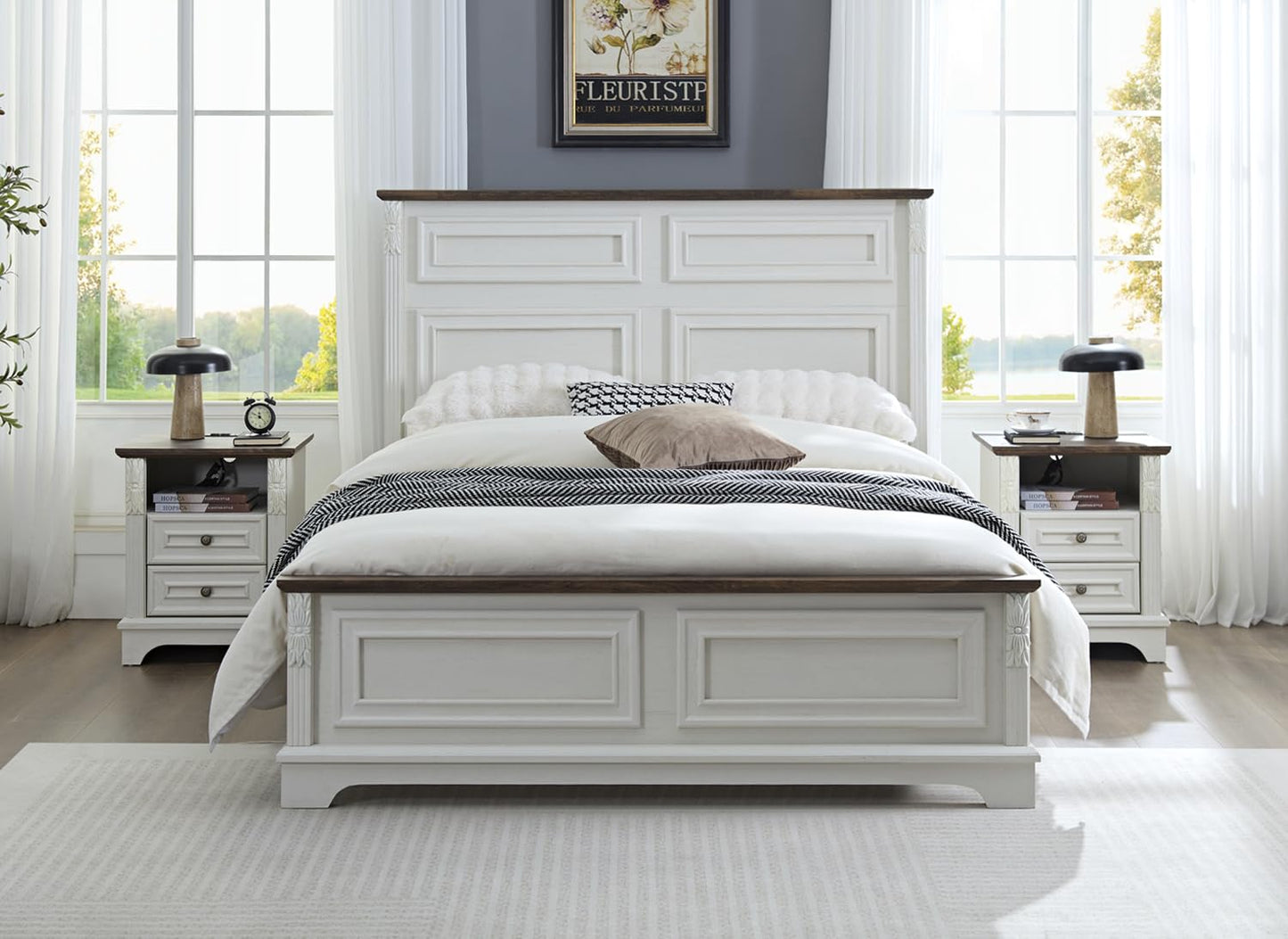BLANKSPACE Nightstand with Charging Station, Farmhouse End Side Table, Smart LED Night Stand,Bedside Cabinet for Bedroom, Living Room (Antique White)