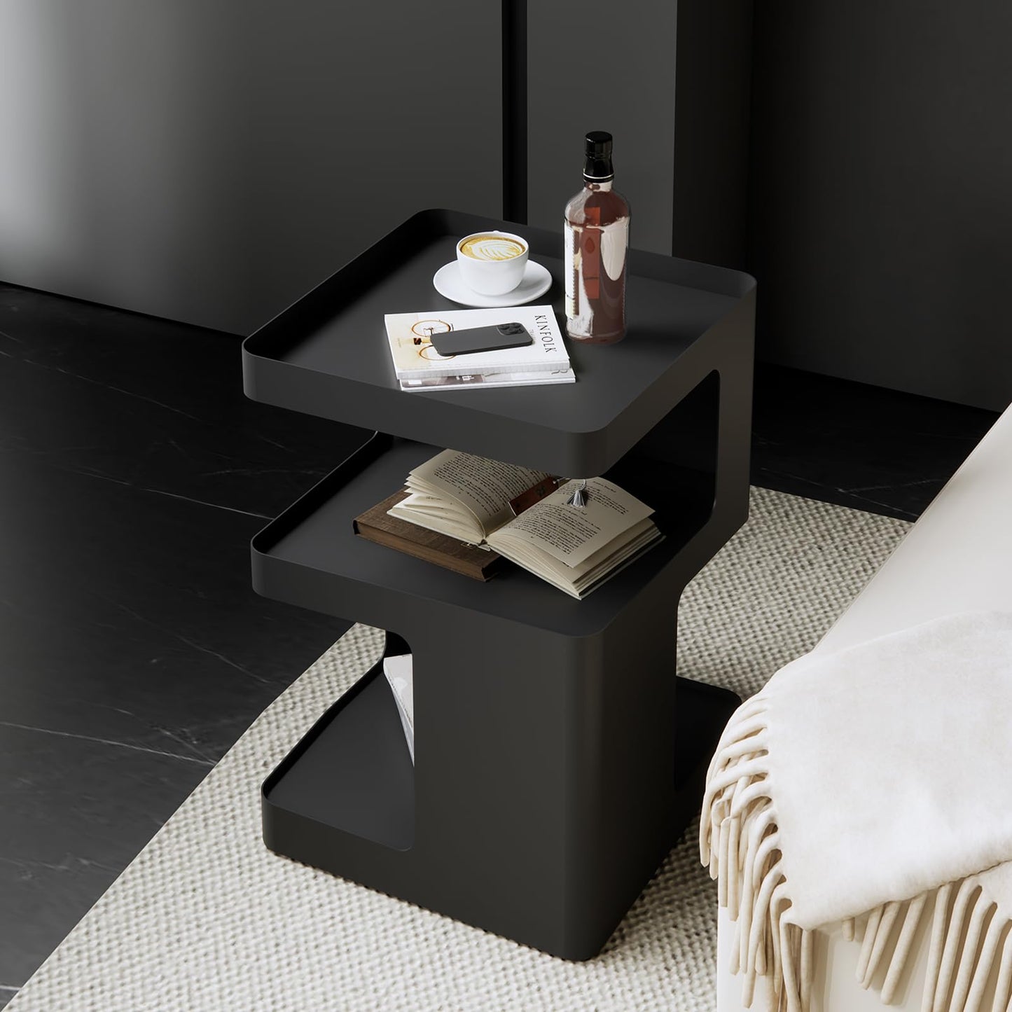 BUZUEY Side Table,Modern end Table,Metal Black nightstand,Bedside Table,3-Tier Accent Table with Storage for Bedroom,Living Room,Small Space,Couch.No Assembly Required