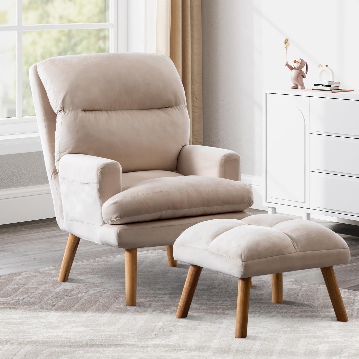 IOMOR Accent Chair with Ottoman Comfy Reading Chair Armchair with Adjustable Backrest and Side Pockets Soft Fabric Leisure Sofa for Bedroom, Living Room, Dorm Rooms, Garden, Beige