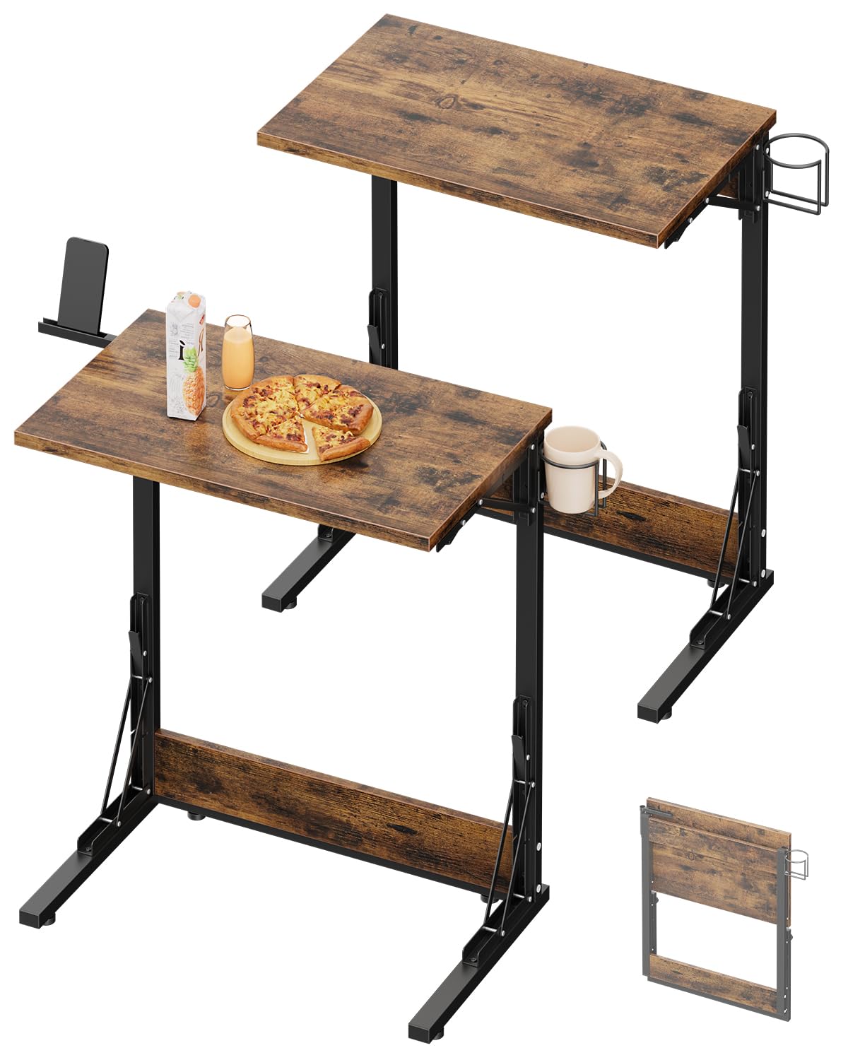 Tatub 24" Folding TV Tray Table Set of 2, Foldable C Shaped End Table for Couch, TV Dinner Tray with Cup Holder, Small Sofa-Side Laptop Desk for Living Room Bedroom,Brown