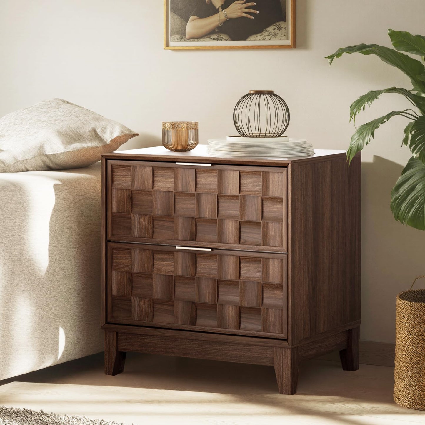 COLAMY Nightstand with Charging Station, 22" Modern Bed Side Table with 2 Storage Drawers and Chessboard Relieffor Bedroom, Dorm and Small Spaces - Walnut
