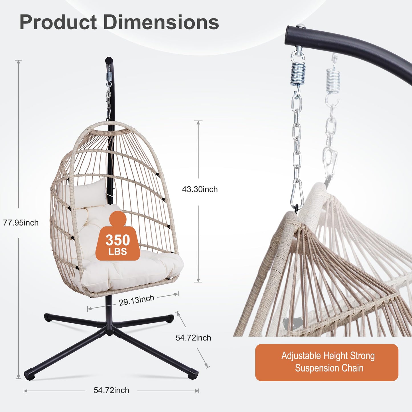 Foldable Hanging Egg Chair with Stand, HDPE Rattan and Heavy Duty Aluminum-Steel Frame, Outdoor Patio Wicker Swing Egg Chair with Headrest and Cushioned, 350 Lbs Capacity (Beige)