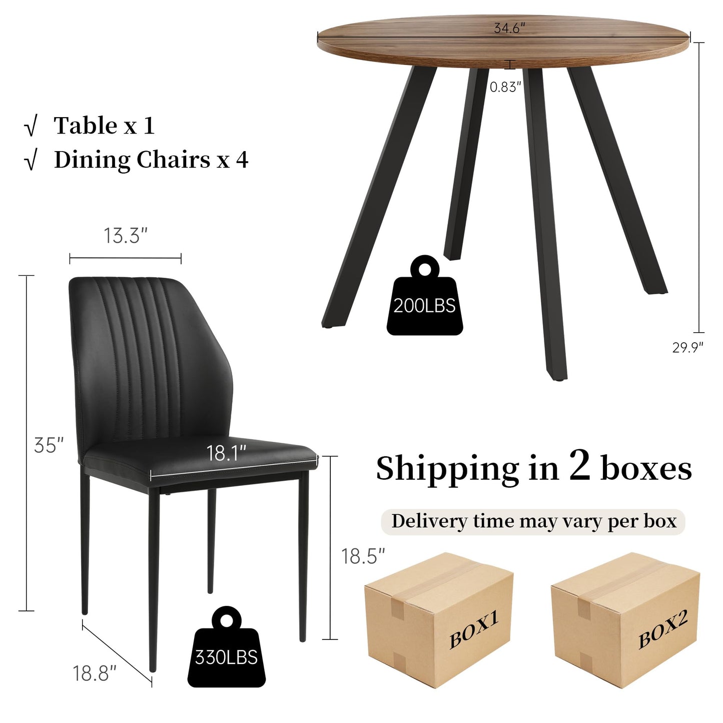 Zerifevni 34.6'' Round Dining Table and Chairs for 4 Space Saving for Apartment Kitchen Dining Room (Walnut Table+4 Black Chairs)