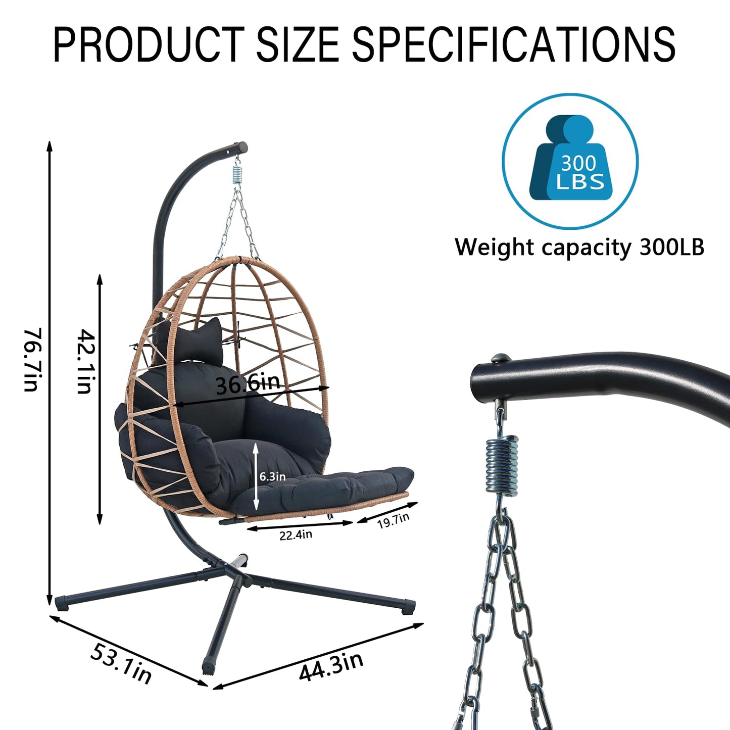 Hanging Egg Chair with Stand & Leg Rest,Rattan Wicker Swing Chair with Cushion, Patio Basket Hanging Chair Wicker Hammock Chair for Indoor Outdoor Bedroom Garden,300LBS (Yellow Rattan&Black Cushion)