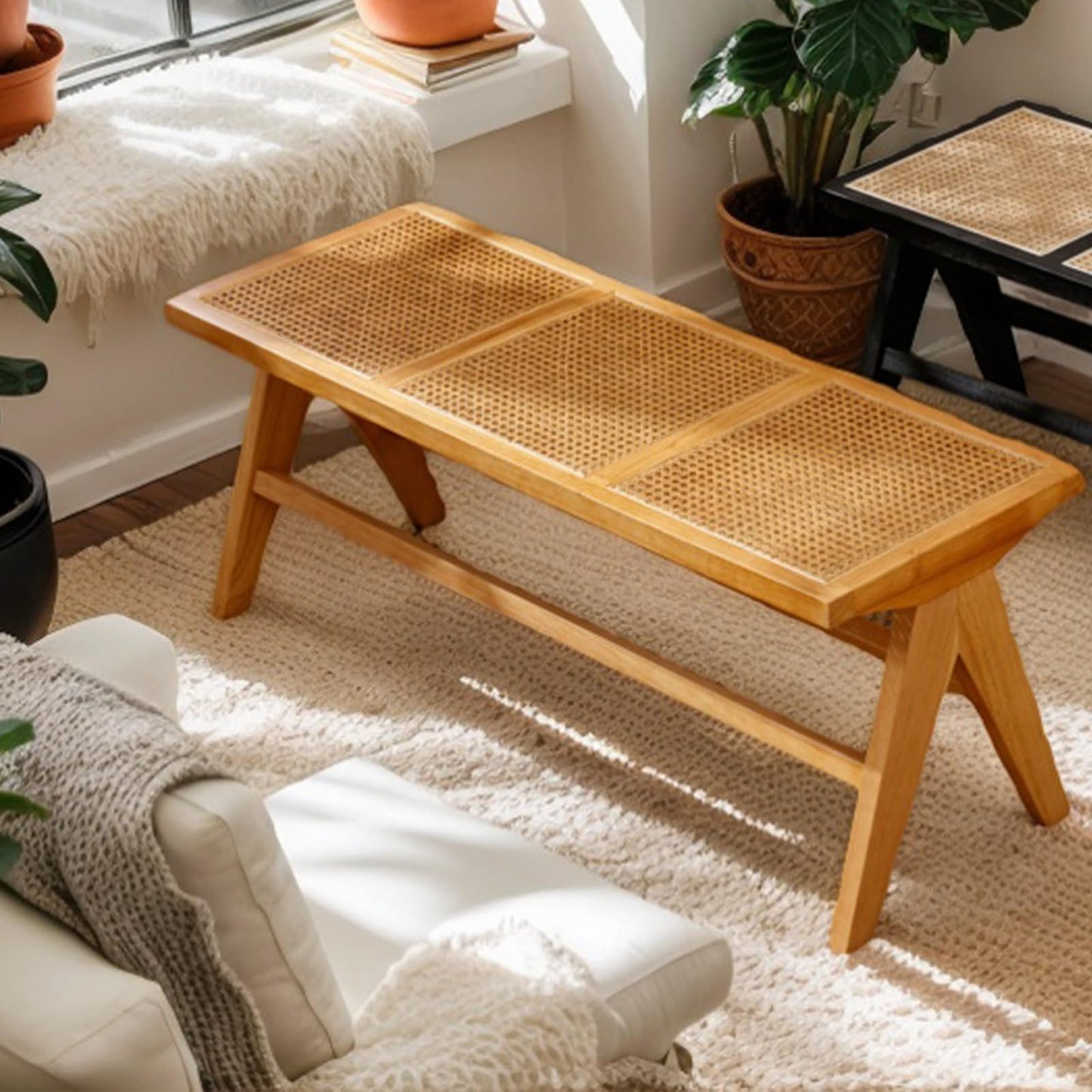 COMULER 45” Natural Rattan Entryway Bench Wicker Wood and Cane End of Bed Bench Farmhouse Wooden Dining Bench with Footrest for Kitchen Cane Bench Seat for Bedroom Hallway Foyer Living Room