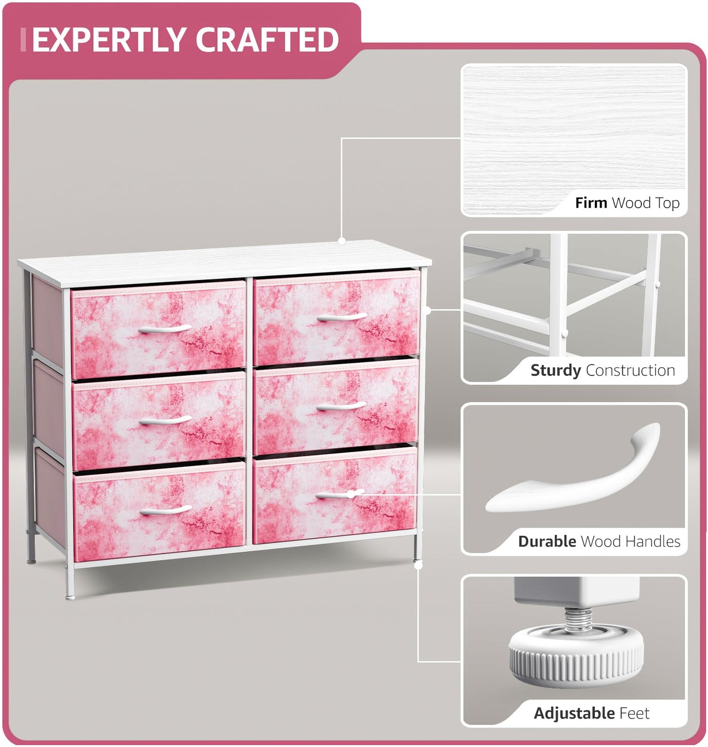 Sorbus Kids Dresser with 6 Drawers - Storage Chest Organizer Unit with Steel Frame, Wood Top & Handles, Tie-dye Fabric Bins for Clothes - Wide Furniture for Bedroom Hallway Kids Room Nursery & Closet