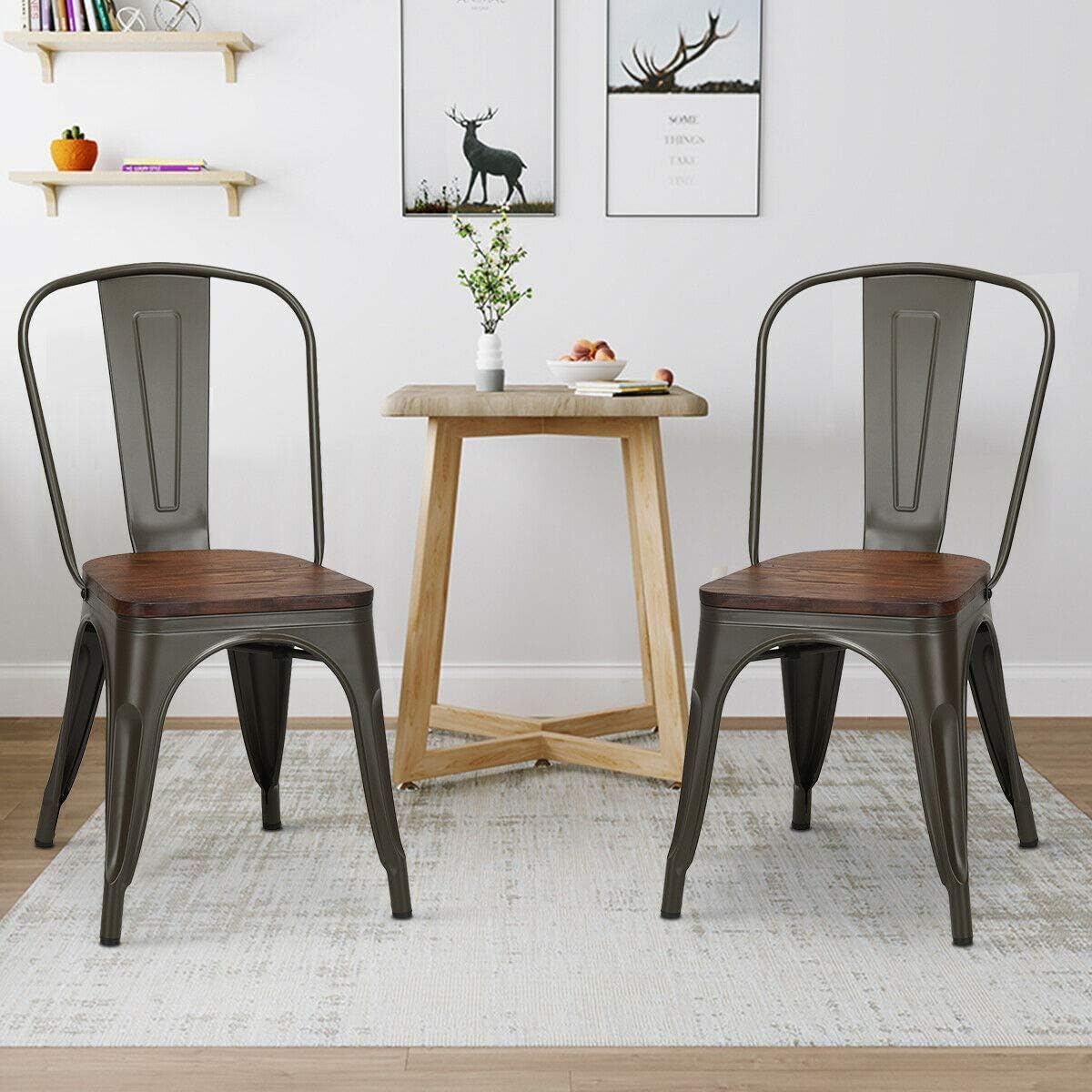 YOUNIKE Metal Dining Chairs Set of 4 Iron Stackable Removable Back Wood Seat Patio Chairs Rubber Feet Stylish Modern Indoor Outdoor Classic Chic Industrial Vintage Bistro Kitchen Rusty Grey