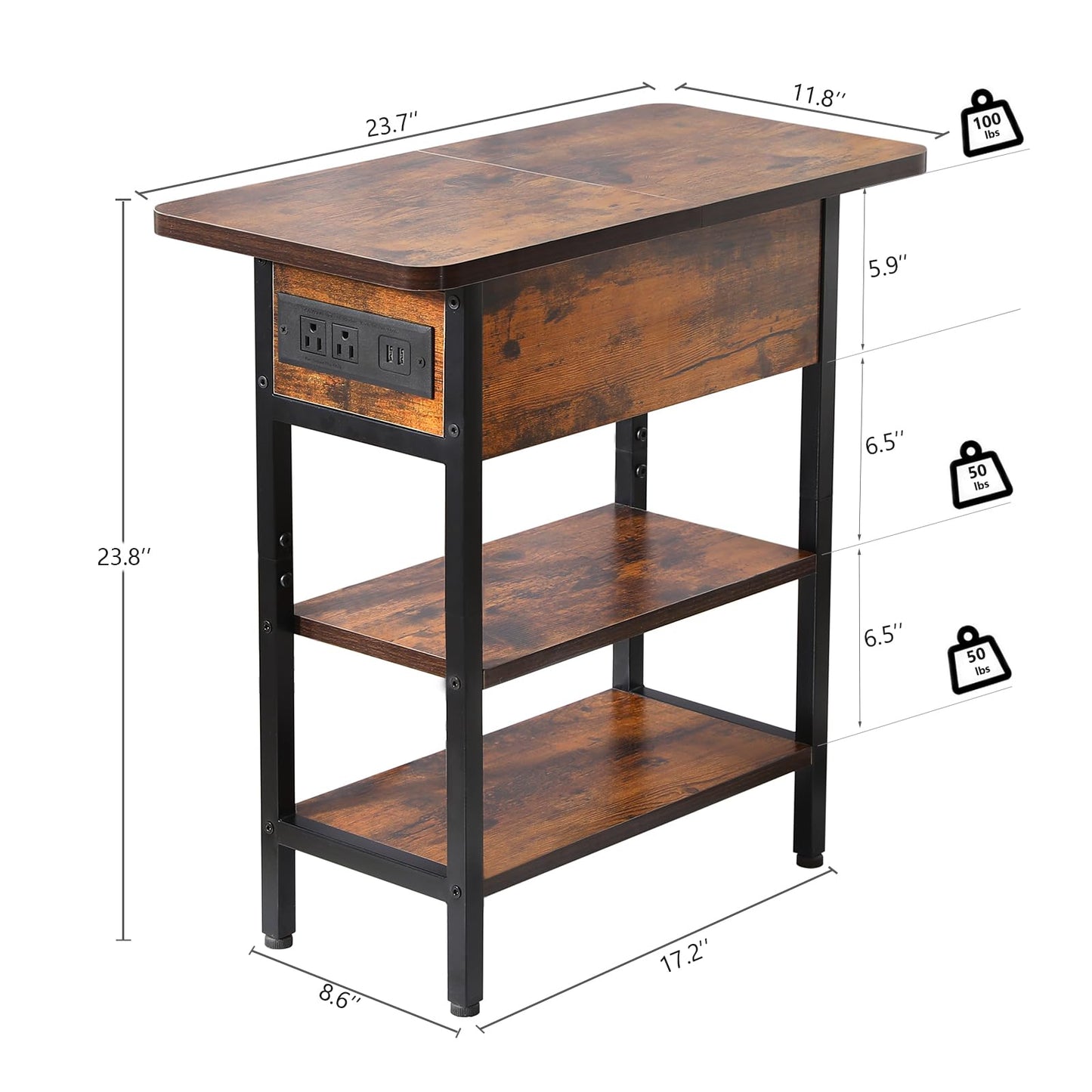 Modern End Table with Charging Station, Narrow Side Table with USB Ports & Outlets, Flip-Top Nightstand with Storage Shelf, Small Bedside Table for Living Room, Bedroom, Small Space,Rustic Brown