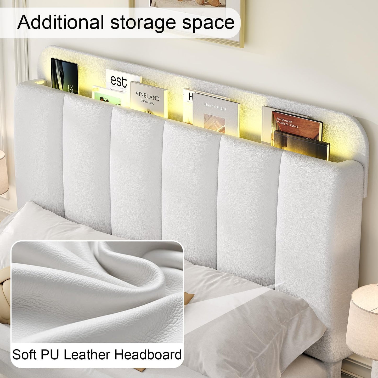 Queen Bed Frame with Storage, PU Upholstered Platform Bed with LED Lights Headboard, Noise-Free, Easy Assembly, No Box Spring Needed, White