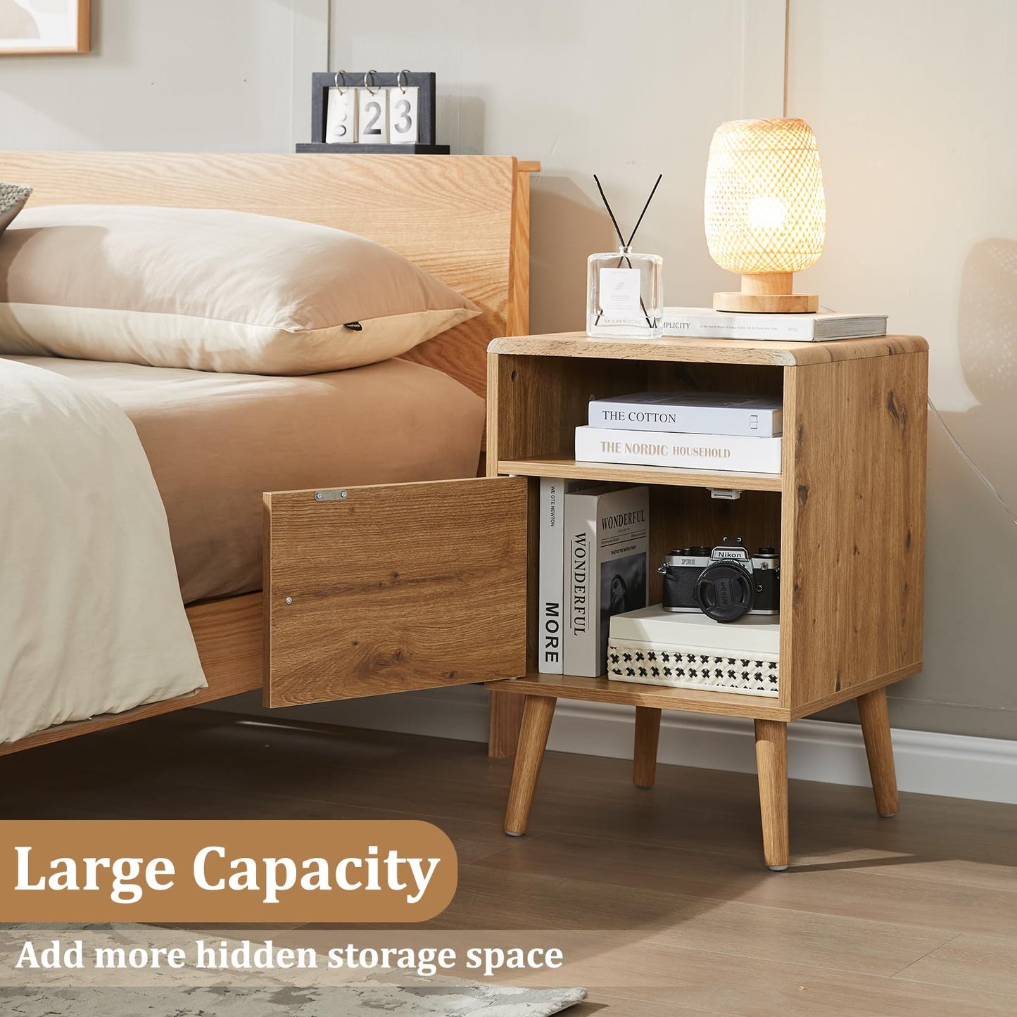 Noskatu Nightstands Set of 2,Night Stand with Rattan Decor Door,16" Modern Side Table with Curved-Top,Bedside Table with Wood Legs and Anti-Slip Pads for Bedroom,Living Room,Nature Wood