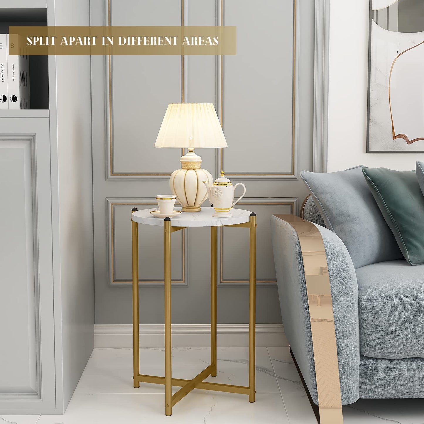 Lamerge Coffee Table Set of 3,Modern Faux Marble Top with Golden Frame,1 Coffee Table & 2 Accent Table, Living Room Table Set, for Apartment,Office and So on,White & Gold (LCTR-W)