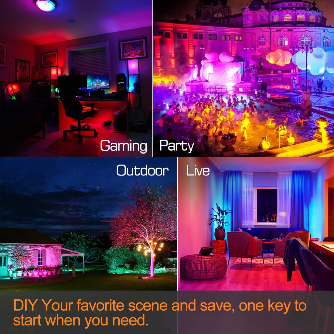 MELPO LED Flood Light Outdoor 30W, 300W Equivalent 3000LM Smart RGB Landscape Lighting with APP Control, DIY Scenes - Timing - Warm White 2700K - Color Changing Uplight, IP66, US Plug (4 Pack)