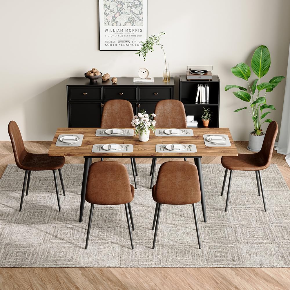 Rejeke 59"-75" Extendable Dining Table Set for 6,Wood Dining Room Table Set for 6,Mid Century Rectangular Kitchen Table with 6 Upholstered Chairs for Home (Easy Assembly,Space-Saving)