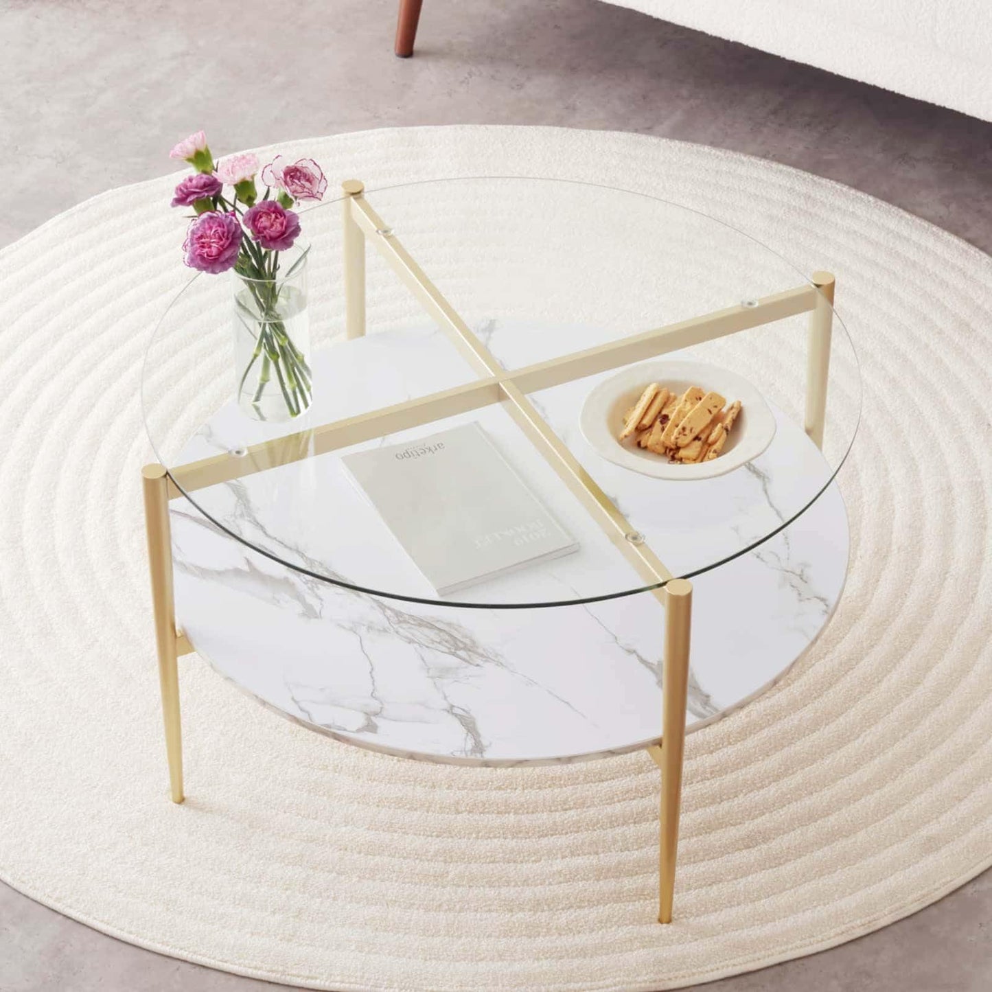 LumFurn Round Coffee Table for Living Room, Mid-Century Modern Design, D30 x H17, 2-Tier Structure, Clear Glass Top and White Marble Finish Wood Shelf, Sleek Conical Metal Legs with Gold Finish Frame