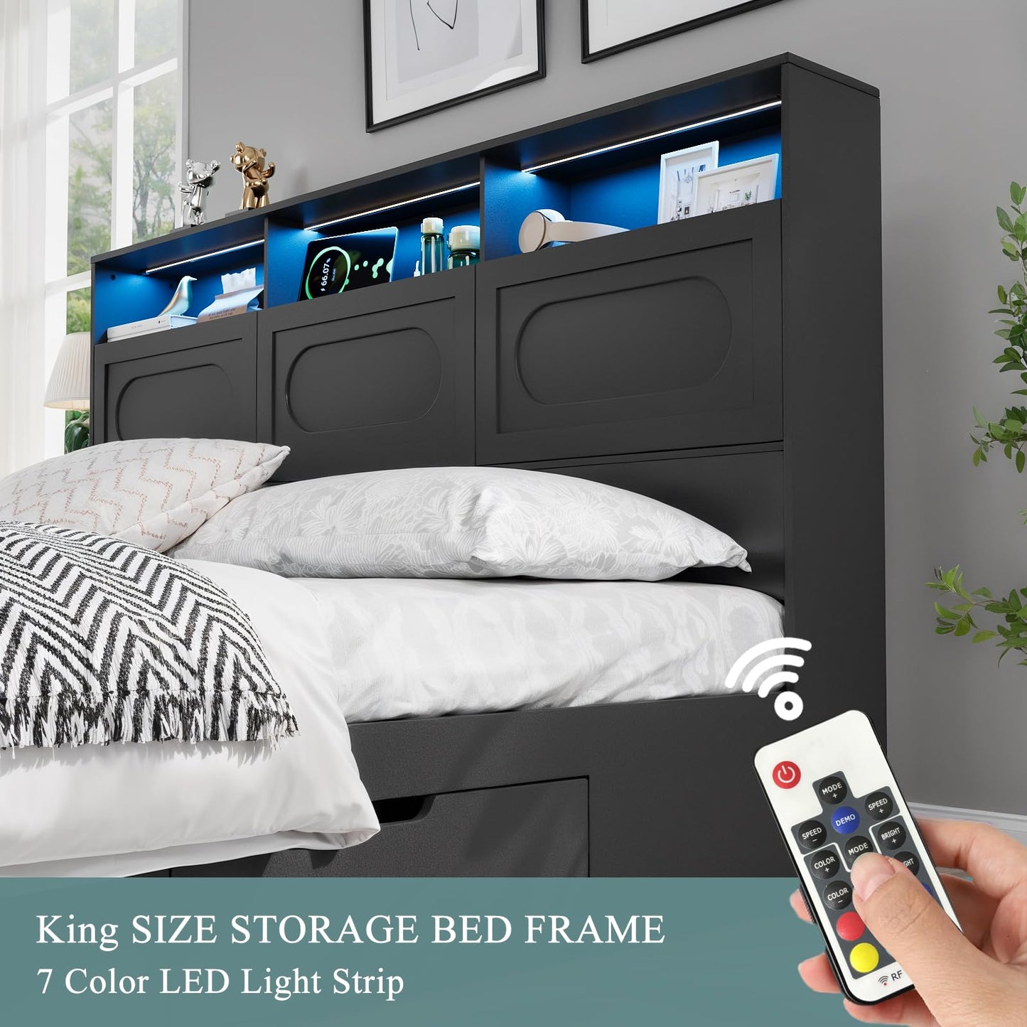 Modern Black King Size Bed Frame with 4 Storage Drawers, 48" Tall Storage Headboard with Charging Station, Platform Bed with LED Lights, No Box Spring Needed, Easy Assembly