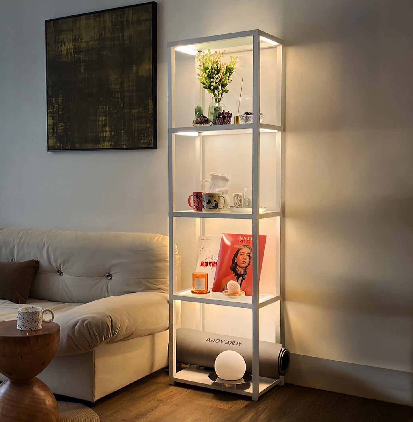 FENLO Glass Shelf Floor Lamp with Dimmable LED Lighting – 66” Curio-Style Display Shelf for Collectibles – App & Remote Controlled Modern Lighted Furniture Fantasy Plus Pro