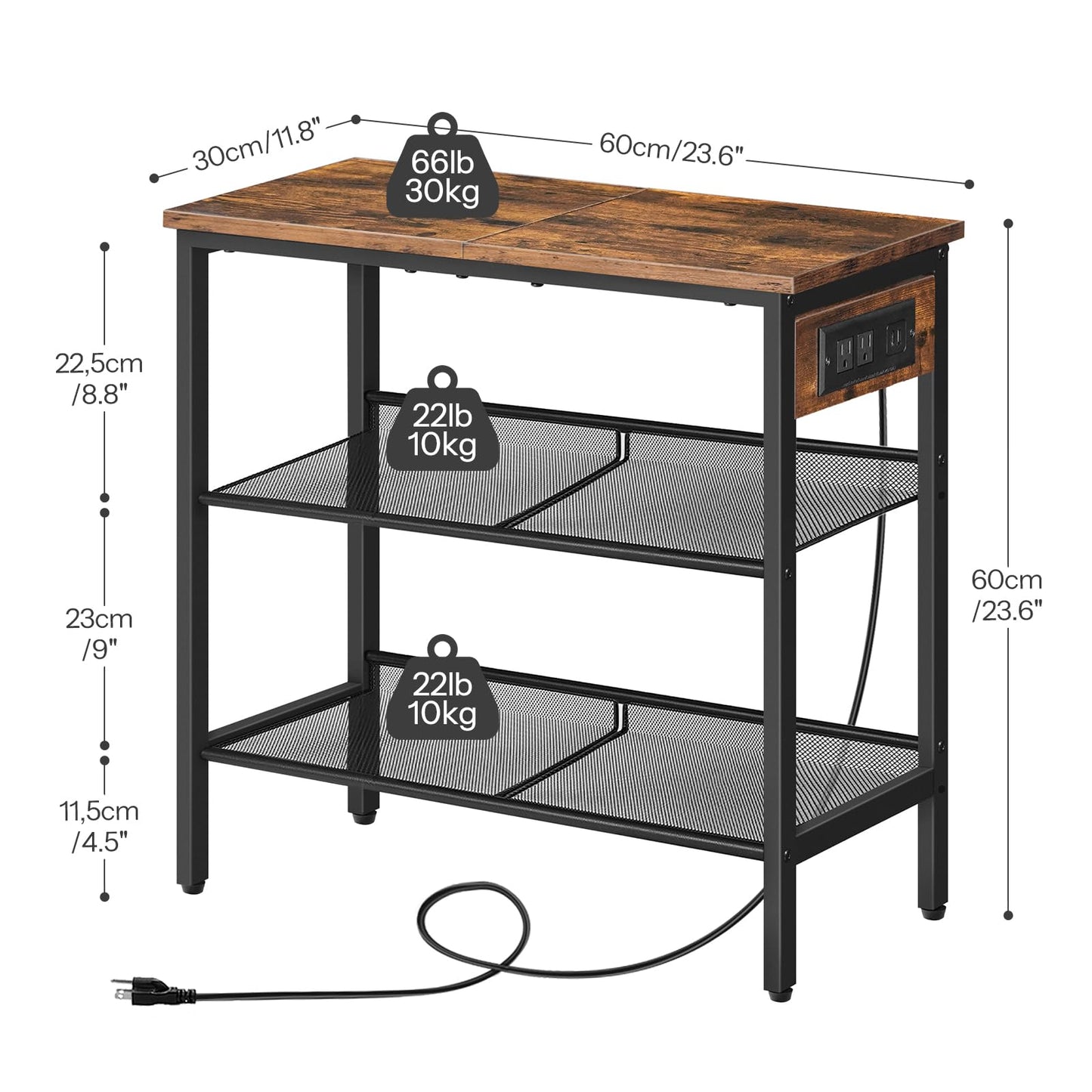 HOOBRO End Table, 3-Tier Narrow Side Table with Charging Station, Nightstand with 2 Flat or Slant Adjustable Shelves for Small Spaces, Living Room, Bedroom, Rustic Brown and Black BF23UBZ01G1