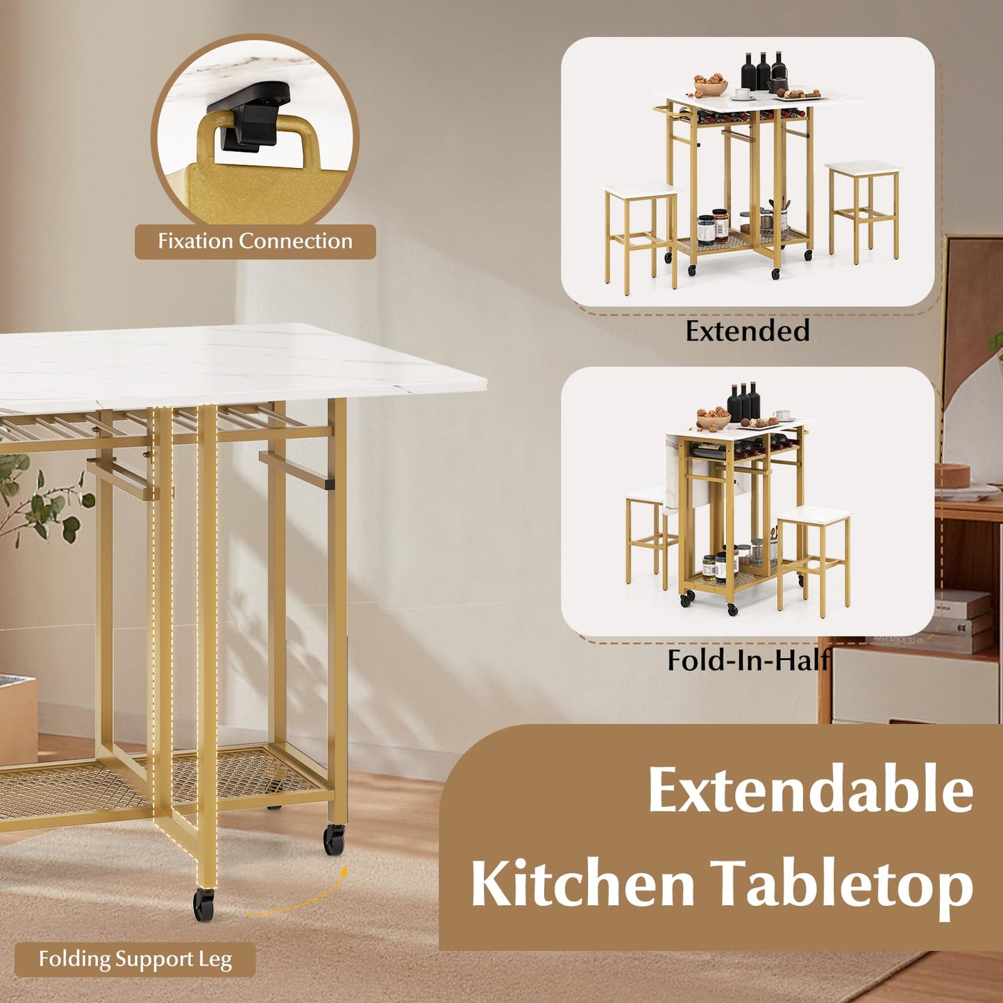 NAFORT 3-Piece Folding Dining Table Set, Mobile Drop-Leaf Kitchen Table with 2 Stools, 6-Bottle Wine Rack, Shelves, Push Handle and Lockable Wheels, Compact Space Saver Set for Apartments