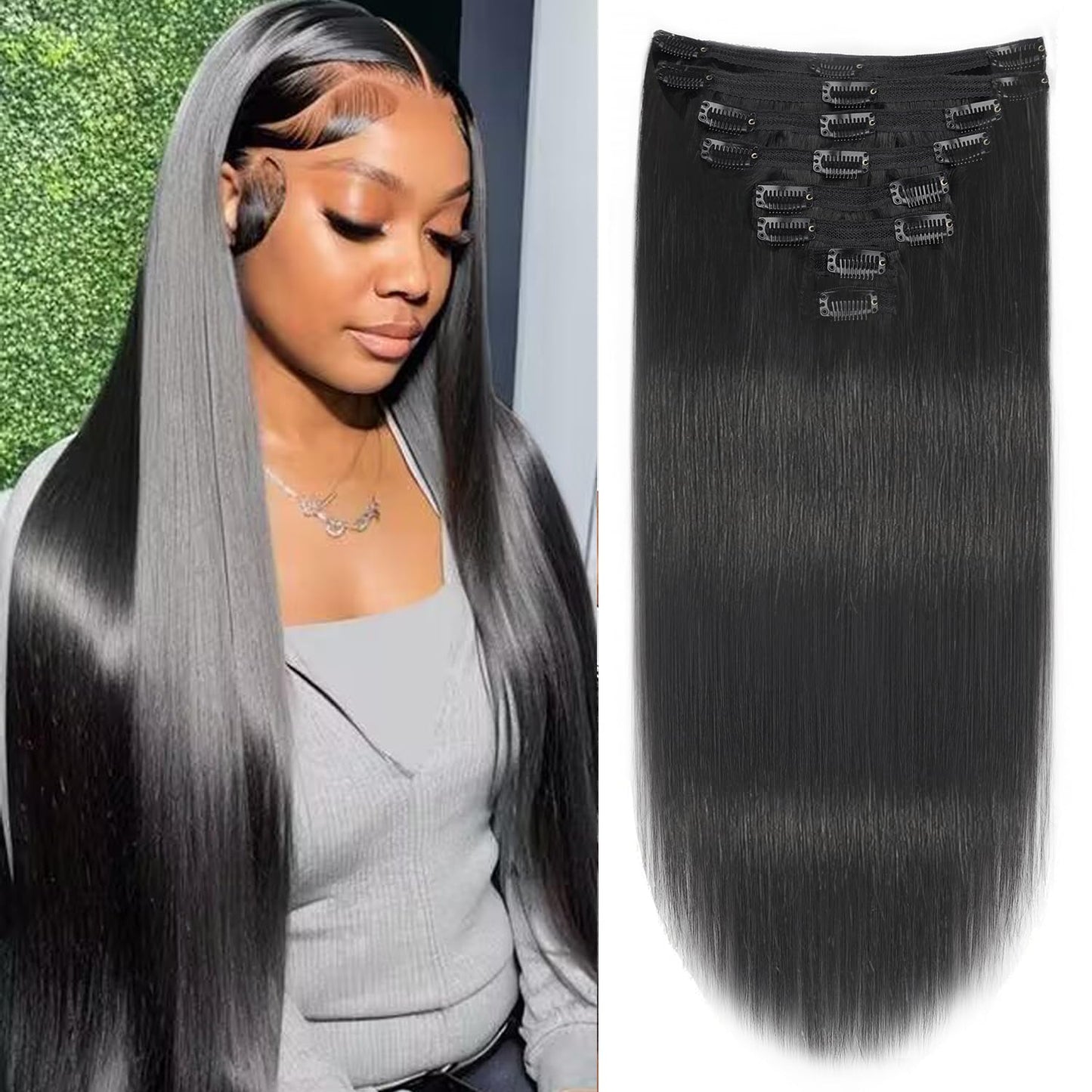 EasiContour Clip in Hair Extensions Real Human Hair Clip ins For Women 100% Unprocessed Brazilian Virgin Hair Straight Clip on Hair Extensions 8pcs With 18 Clips 120g(12inch,#1B)