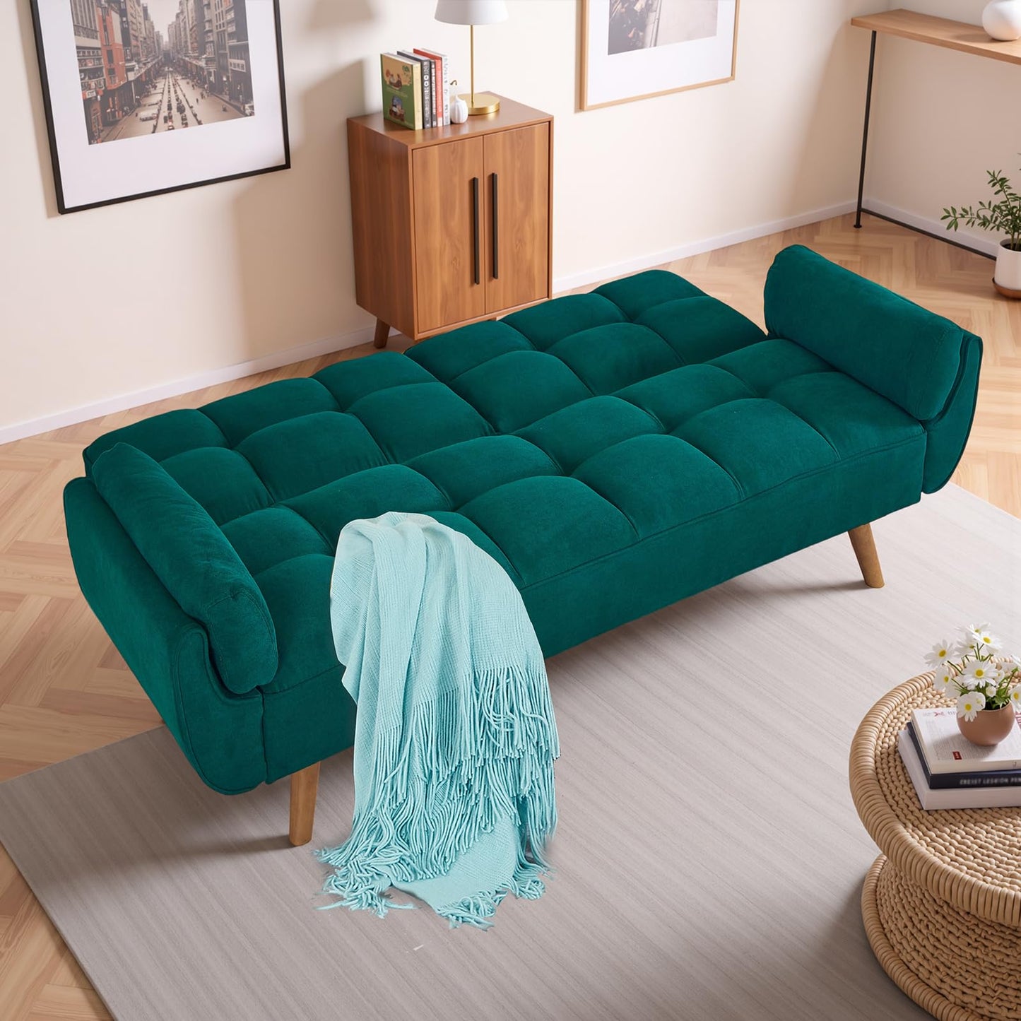 Modauiysa 75" Linen Futon Sofa, Convertible Futon Couch Bed, Comfy Love Seat Sleeper with Adjustable Backrest, Small Couches for Small Spaces, Living Room and Office (Green)